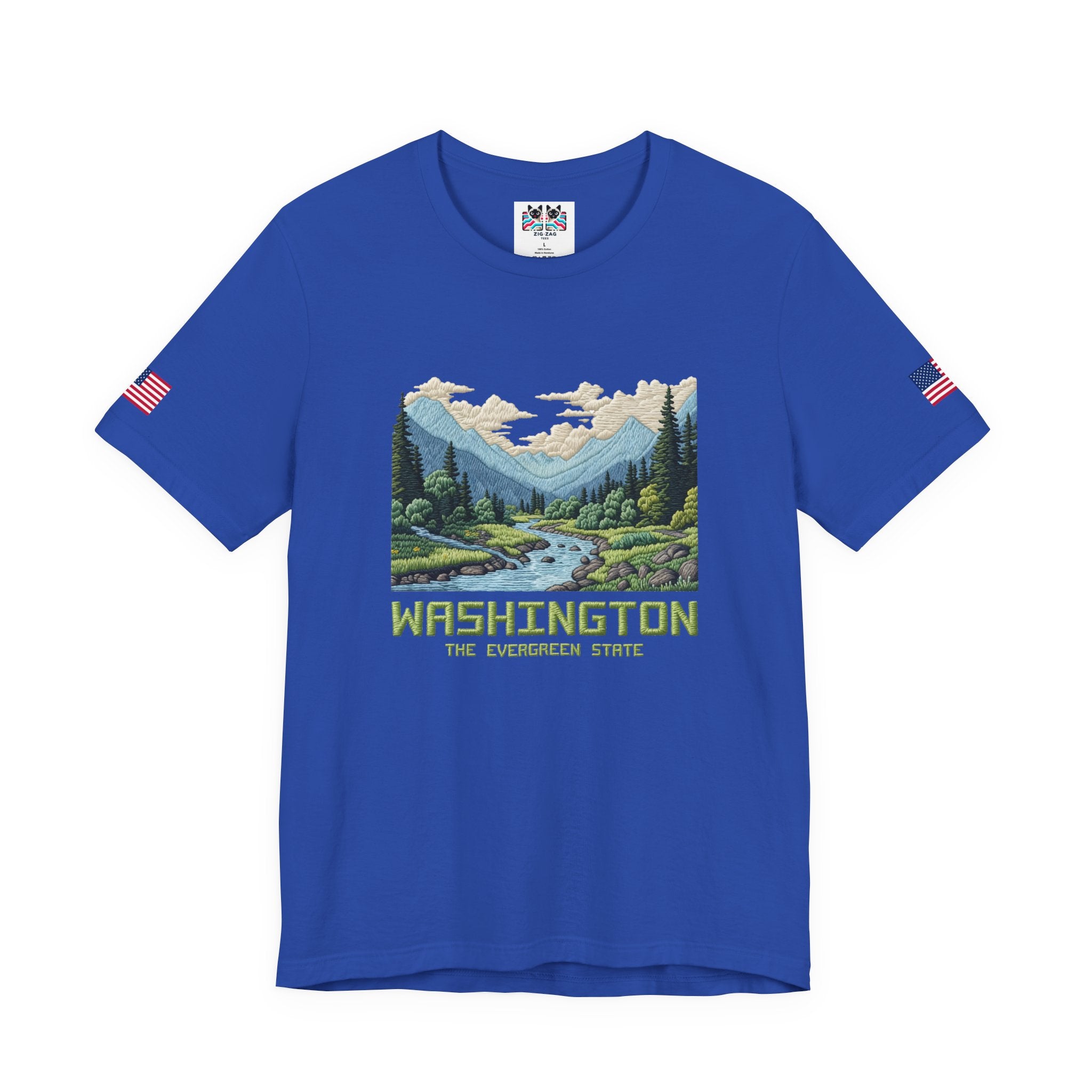 Washington The Evergreen State Embroidery-Style Mountain River Graphic T-Shirt | Pacific Northwest Nature Tee | WA Souvenir