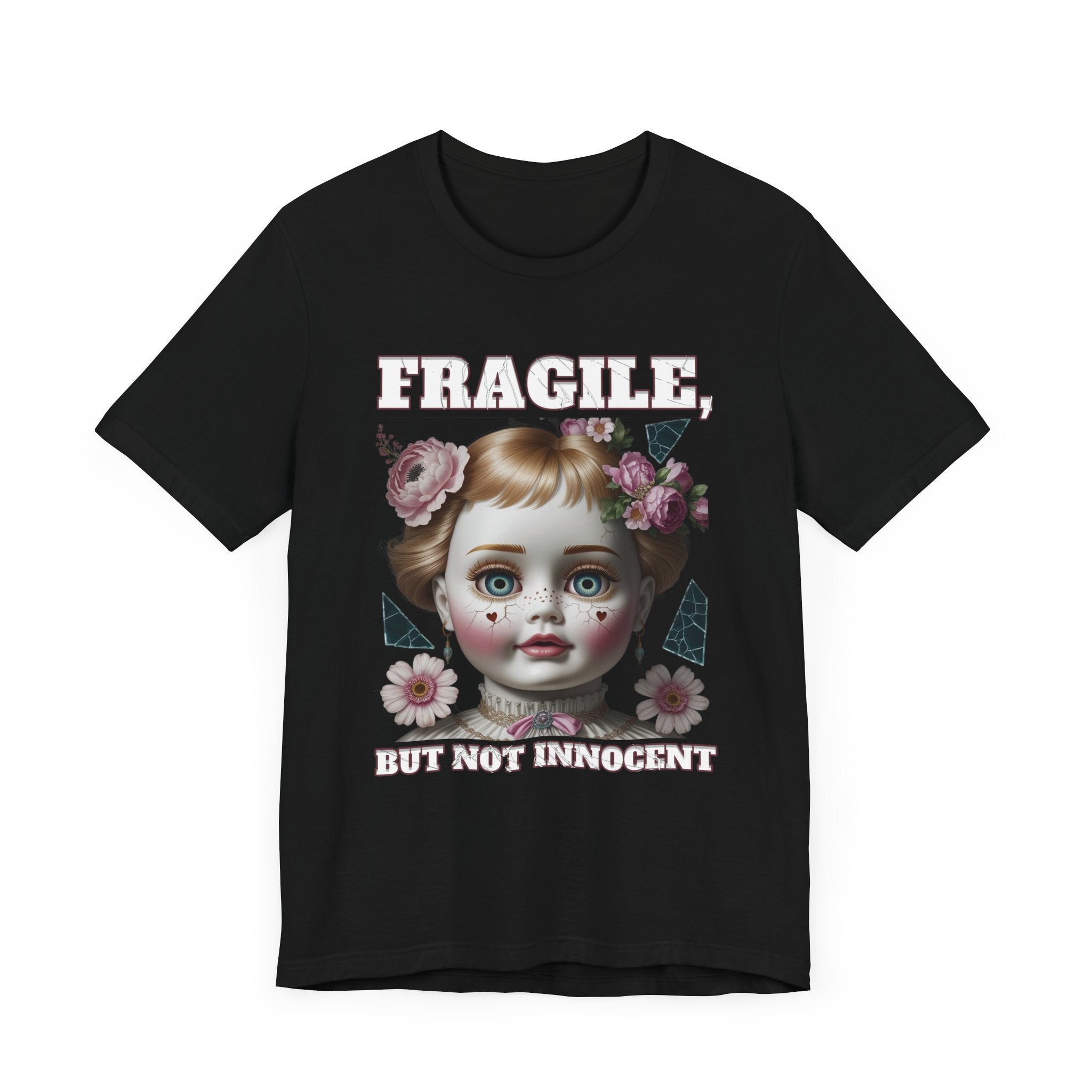 Fragile, But Not Innocent | Doll Face with Flowers & Cracks Graphic T-Shirt