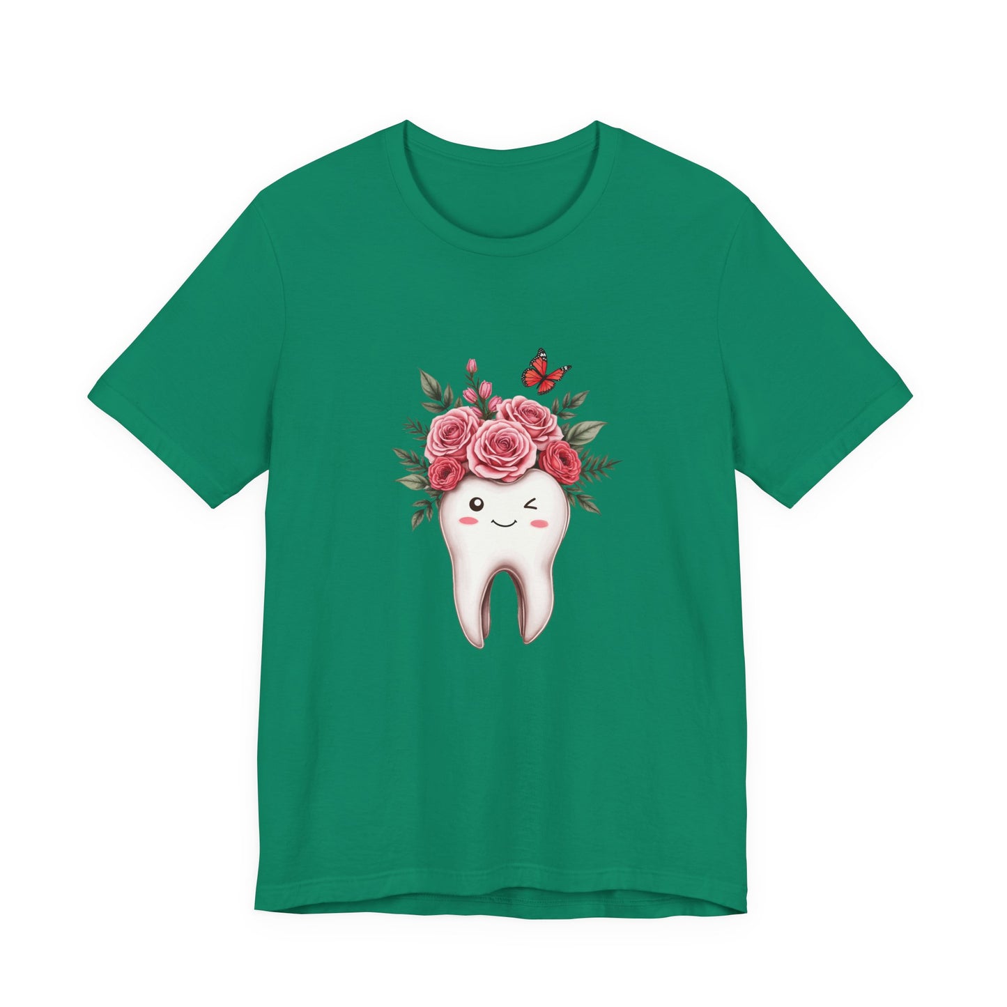 Smile T Shirt with Large Winking Tooth Surrounded by Flowers Leaves and Butterflies