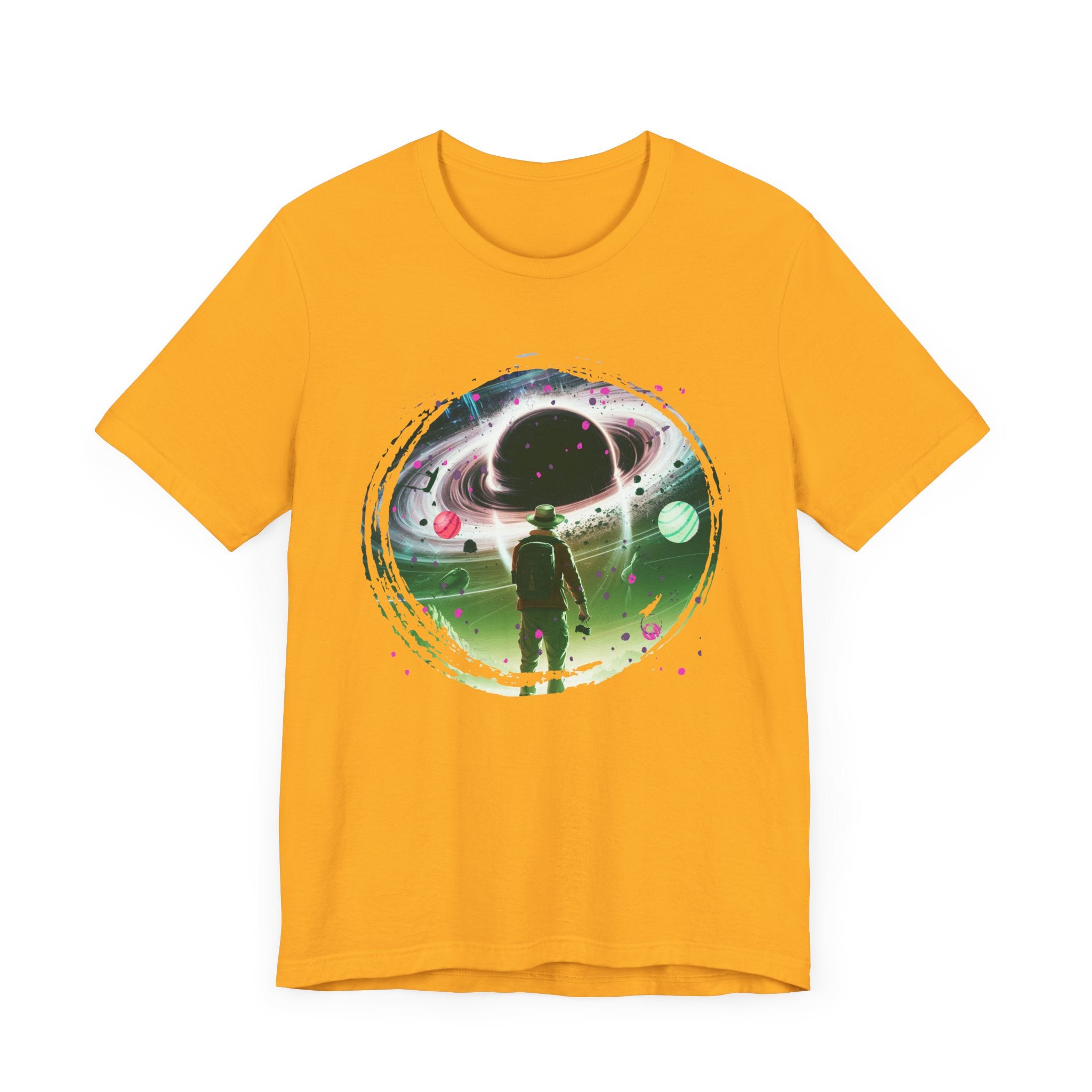 Shocked Traveler & Dramatic Planets | Backpacker Gazing at Planets Graphic T-Shirt