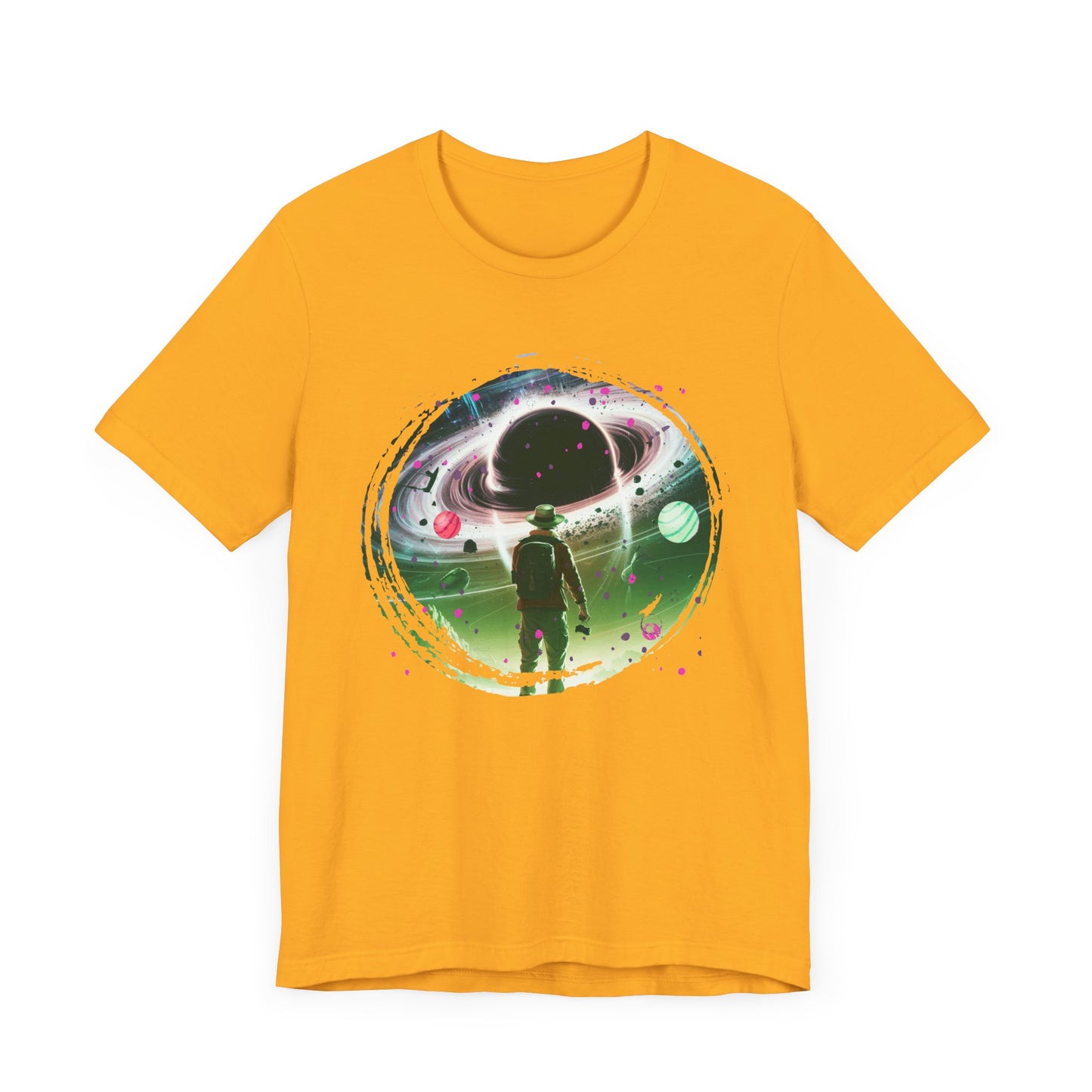 Shocked Traveler & Dramatic Planets | Backpacker Gazing at Planets Graphic T-Shirt