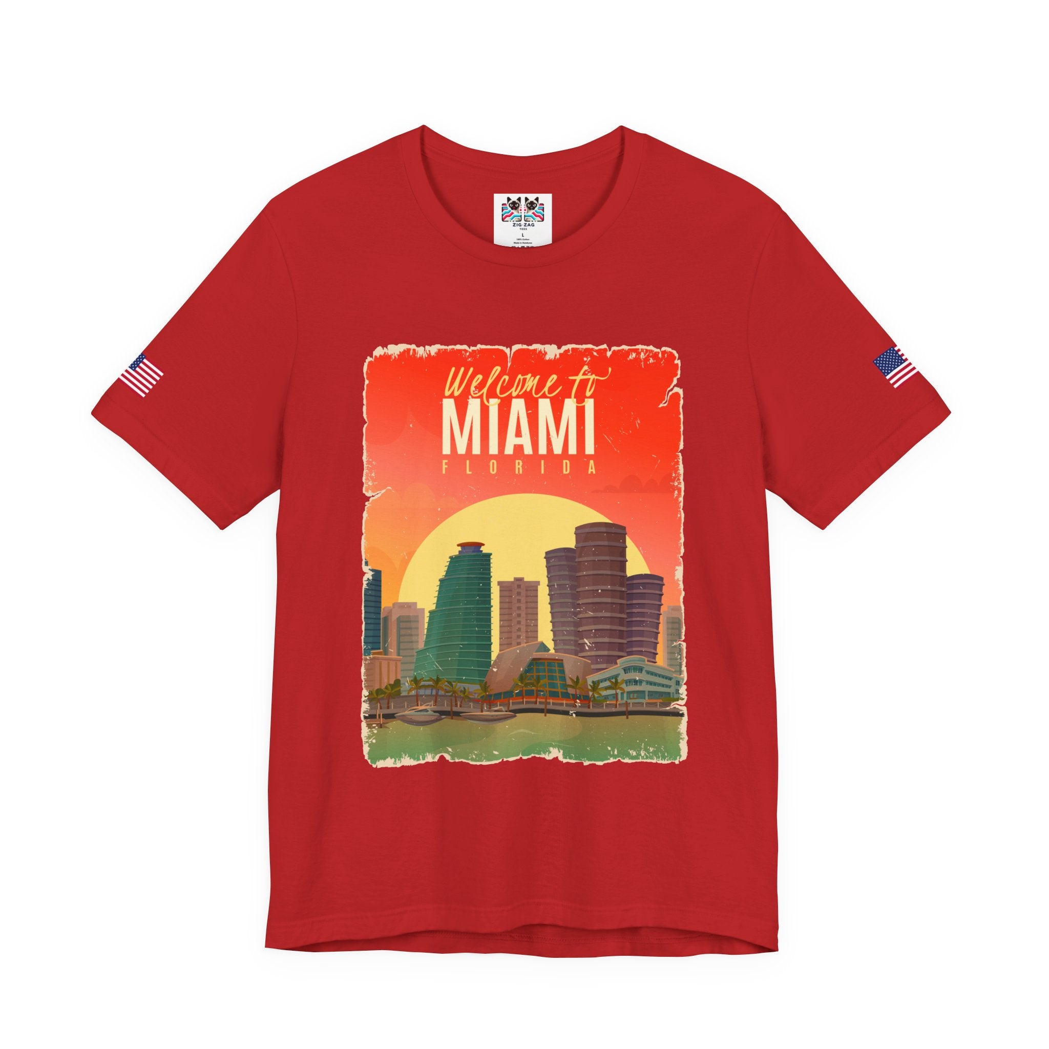 Welcome to Miami Florida T-Shirt – Vintage Retro Skyline Sunset Poster Graphic Tee