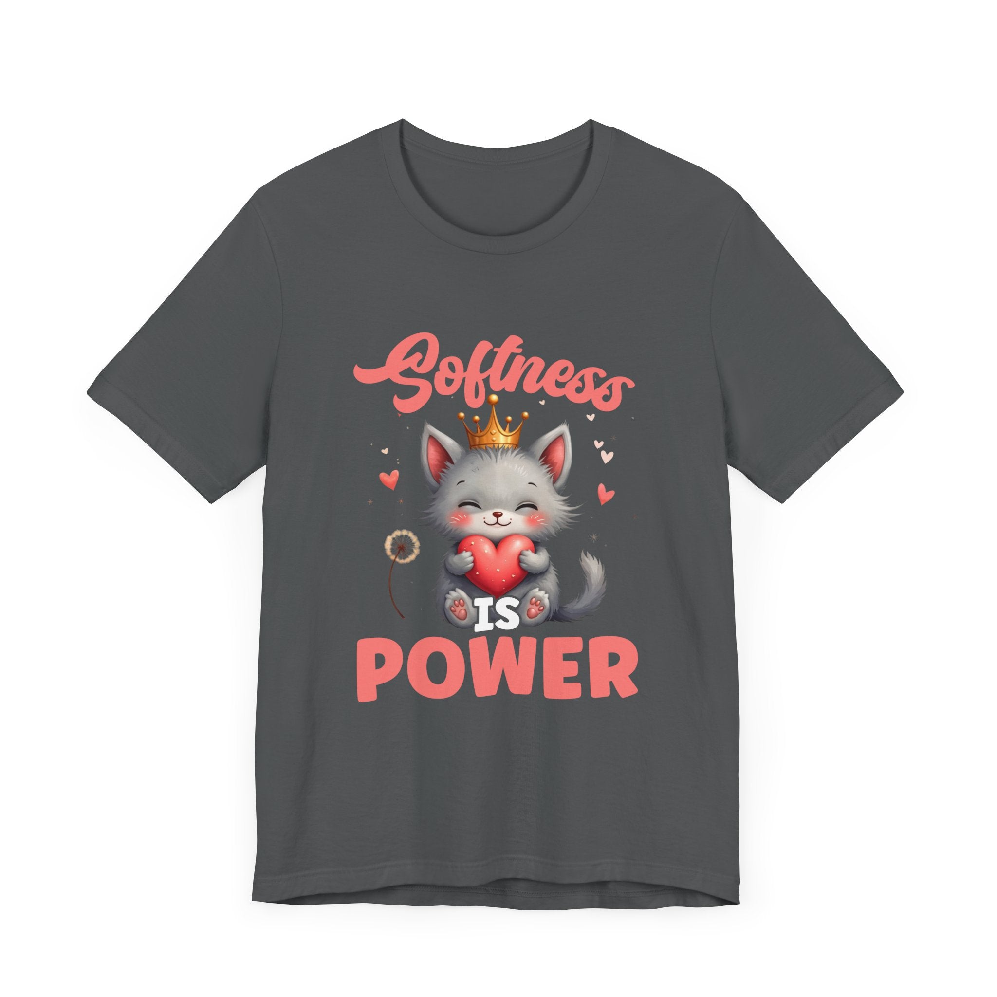 Softness Is Power – Adorable Cat with Heart & Crown Graphic T-Shirt