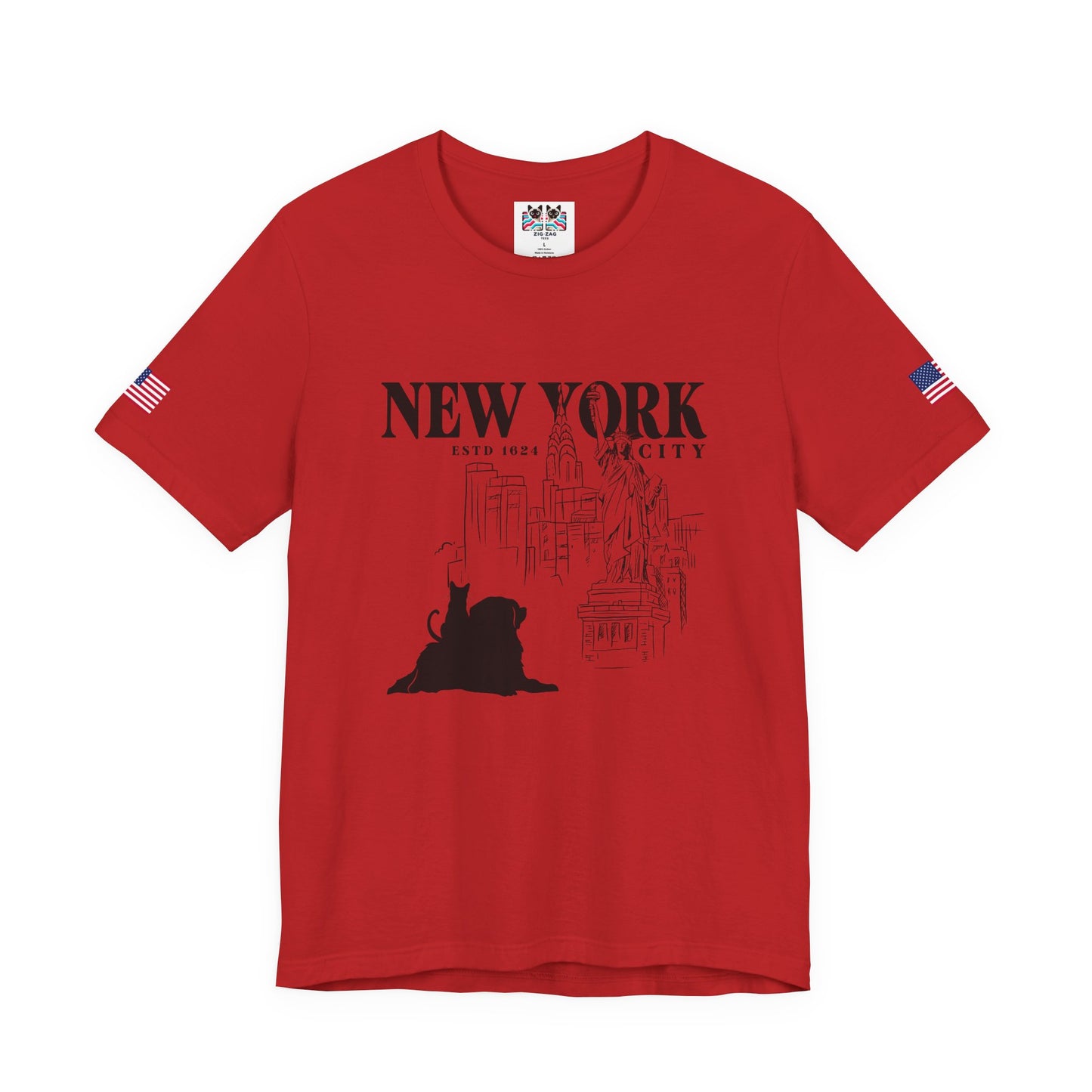 New York City Cat Dog T-Shirt - NYC Est. 1624 Sketch Art with Brooklyn Bridge & Liberty