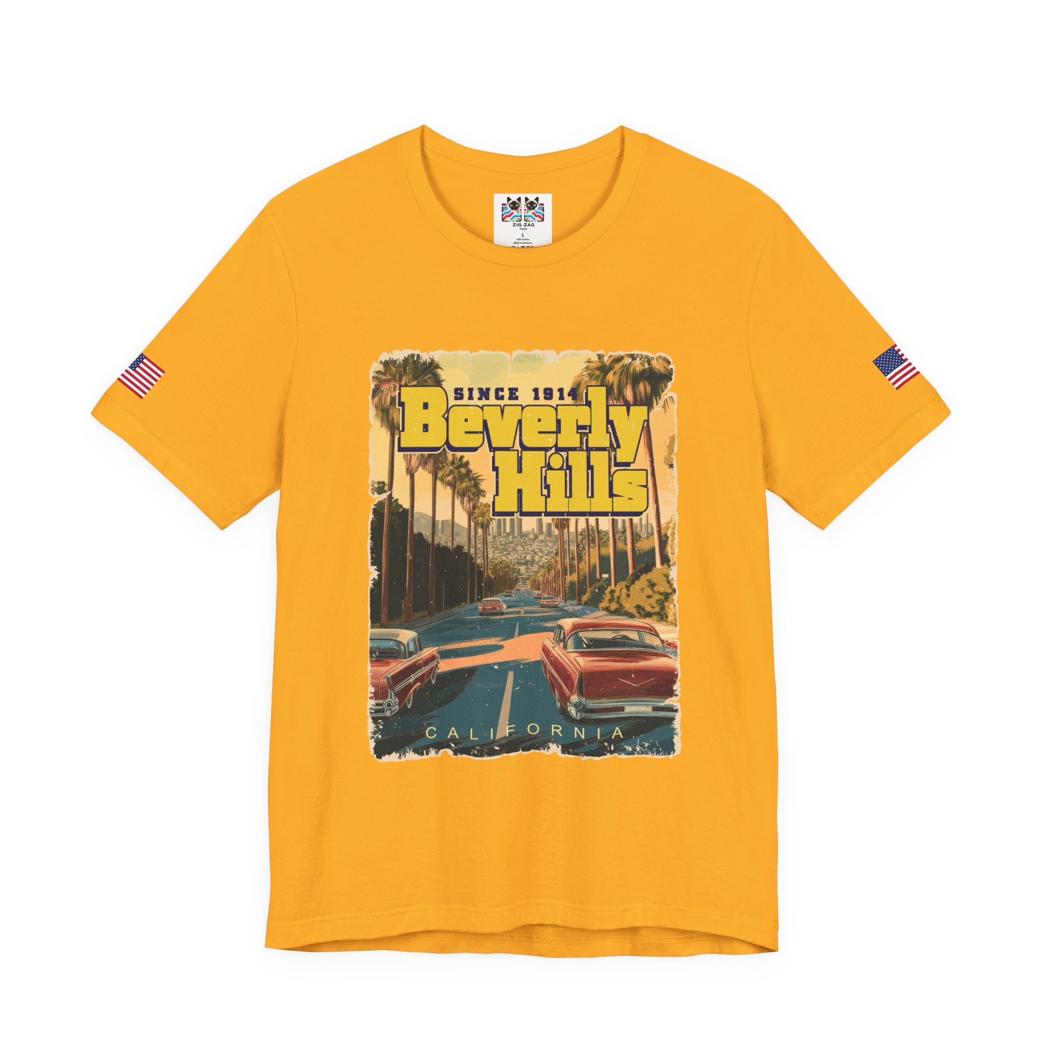 Beverly Hills Since 1914 California T-Shirt – Classic Cars Palm Boulevard Retro Graphic Tee