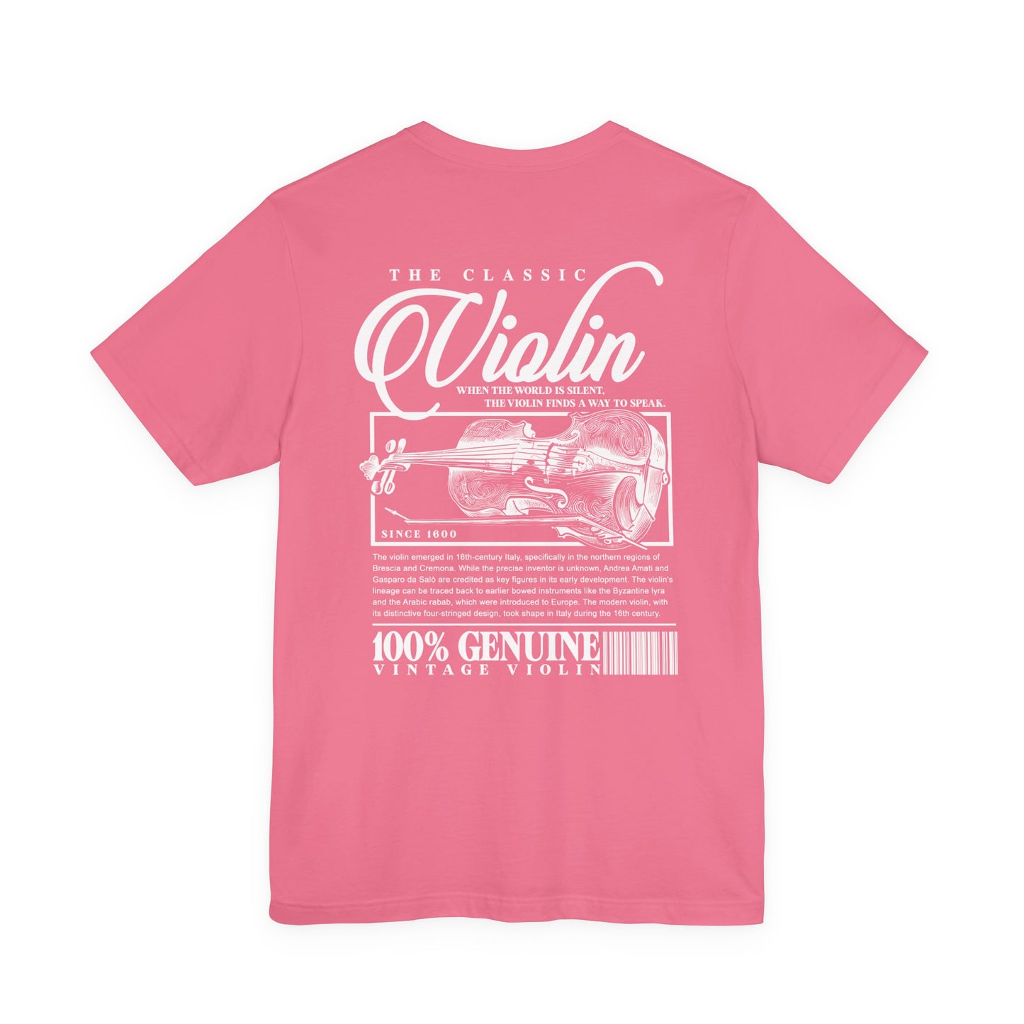 The Classic Violin T-Shirt – Vintage Instrument & 16th Century Story [White Text]