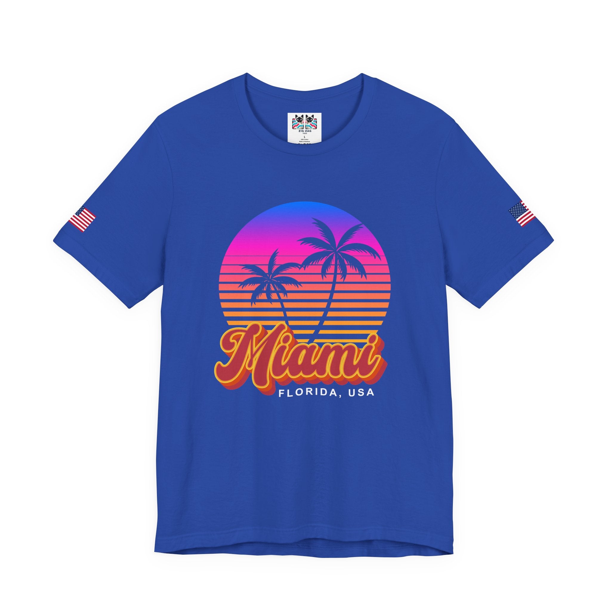 Miami Florida USA T-Shirt – Retro Neon Sunset Palm Tree Circle Graphic Tee
