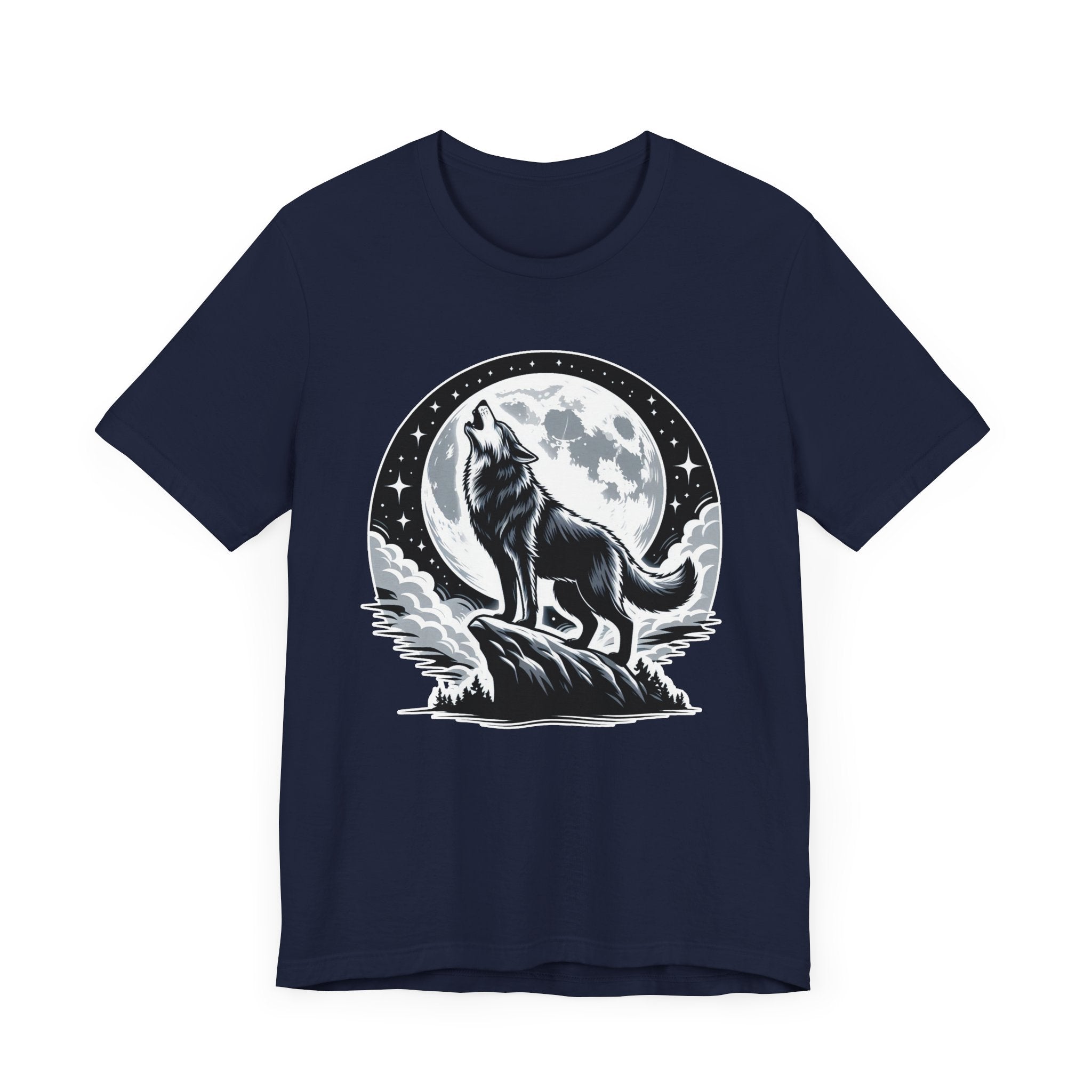 Mystical and Wild - Wolf Howling on Mountain Edge with Full Moon and Stars Graphic T-Shirt