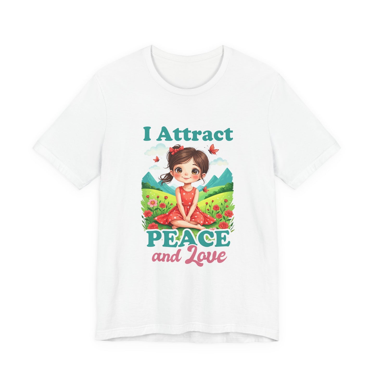 I Attract PEACE & Love – Little Girl in Nature with Butterflies Graphic T-Shirt