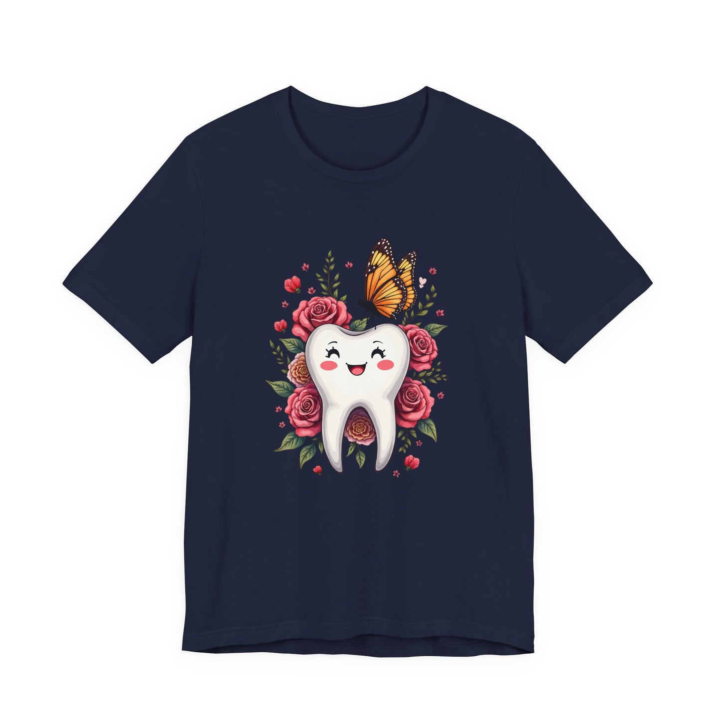 Smile T Shirt Featuring Large Smiling Tooth Surrounded by Flowers Leaves and Butterflies