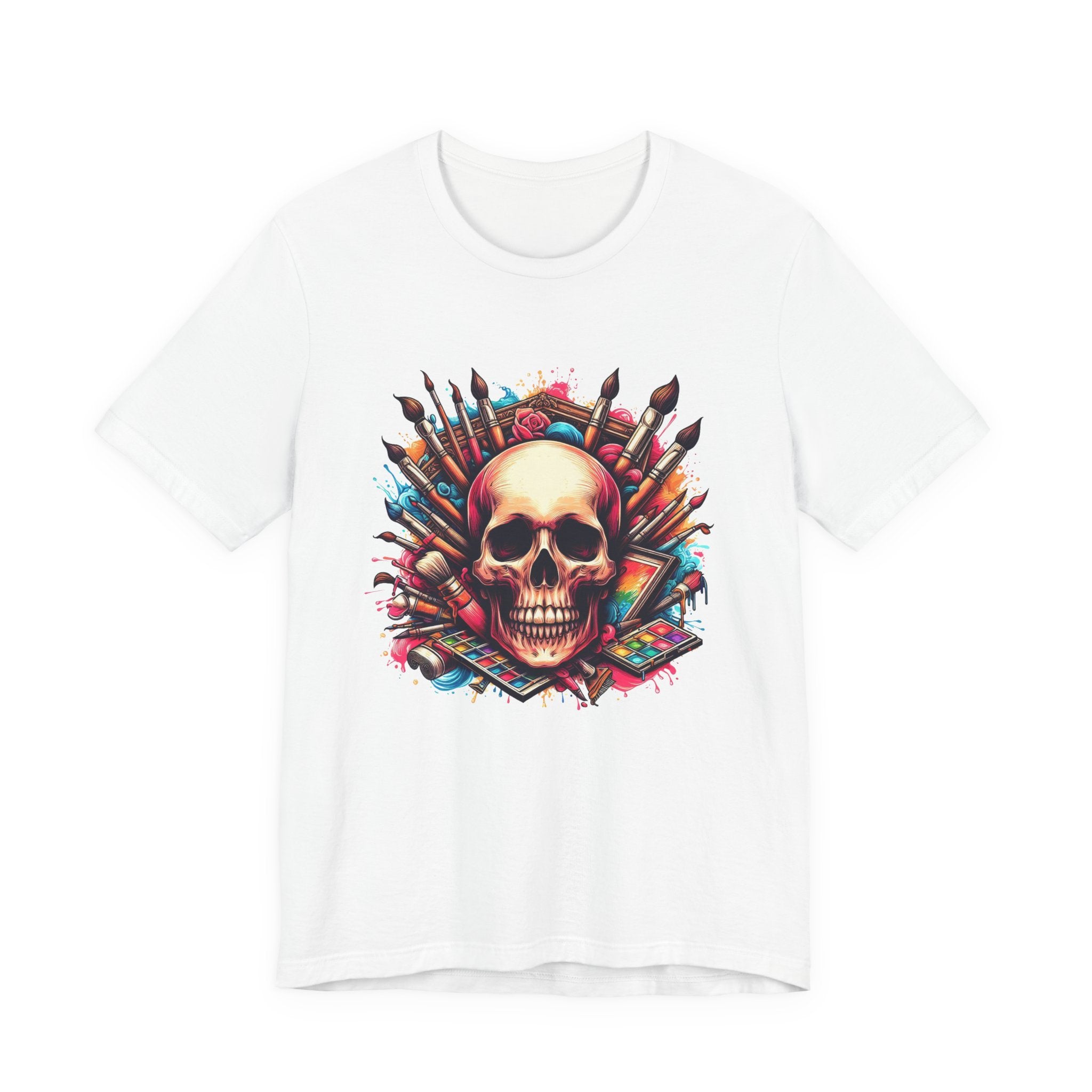 Art Is Not Dead Tshirt – Skull with Stacked Art Supplies Circular Graphic