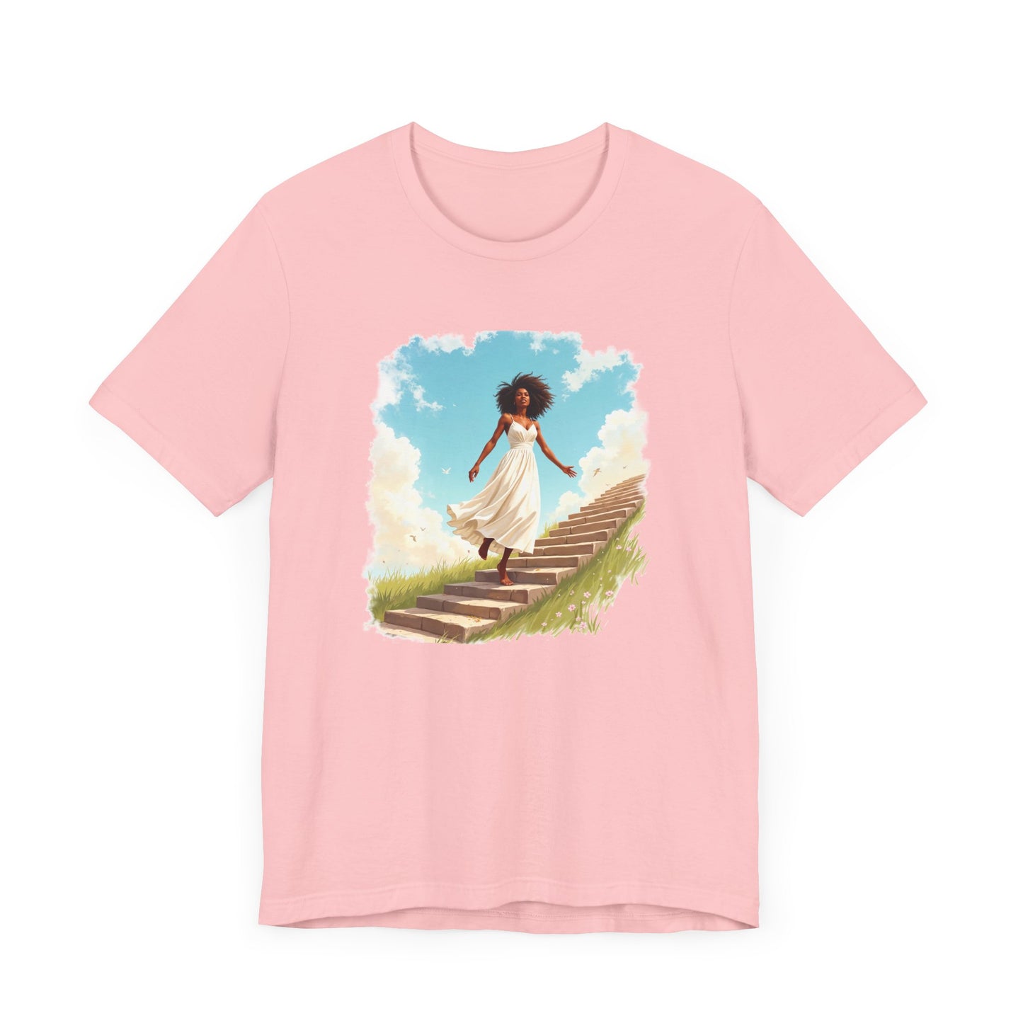 Graceful Woman in White Dress Walking on Stairs – Blue Sky & Green Ground Graphic T-Shirt