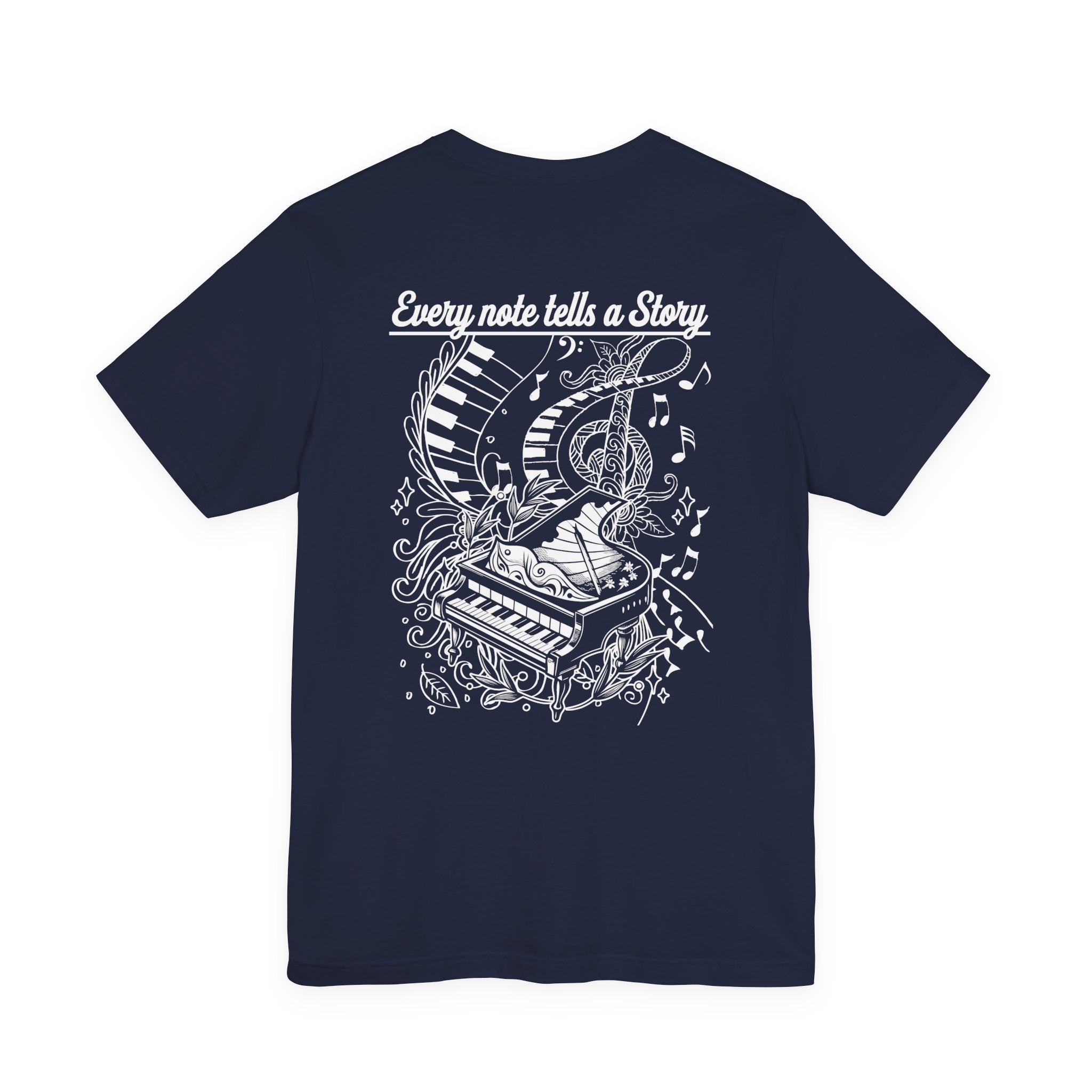 Grand Piano Story T-Shirt – Artistic Music Notes & Keys Graphic