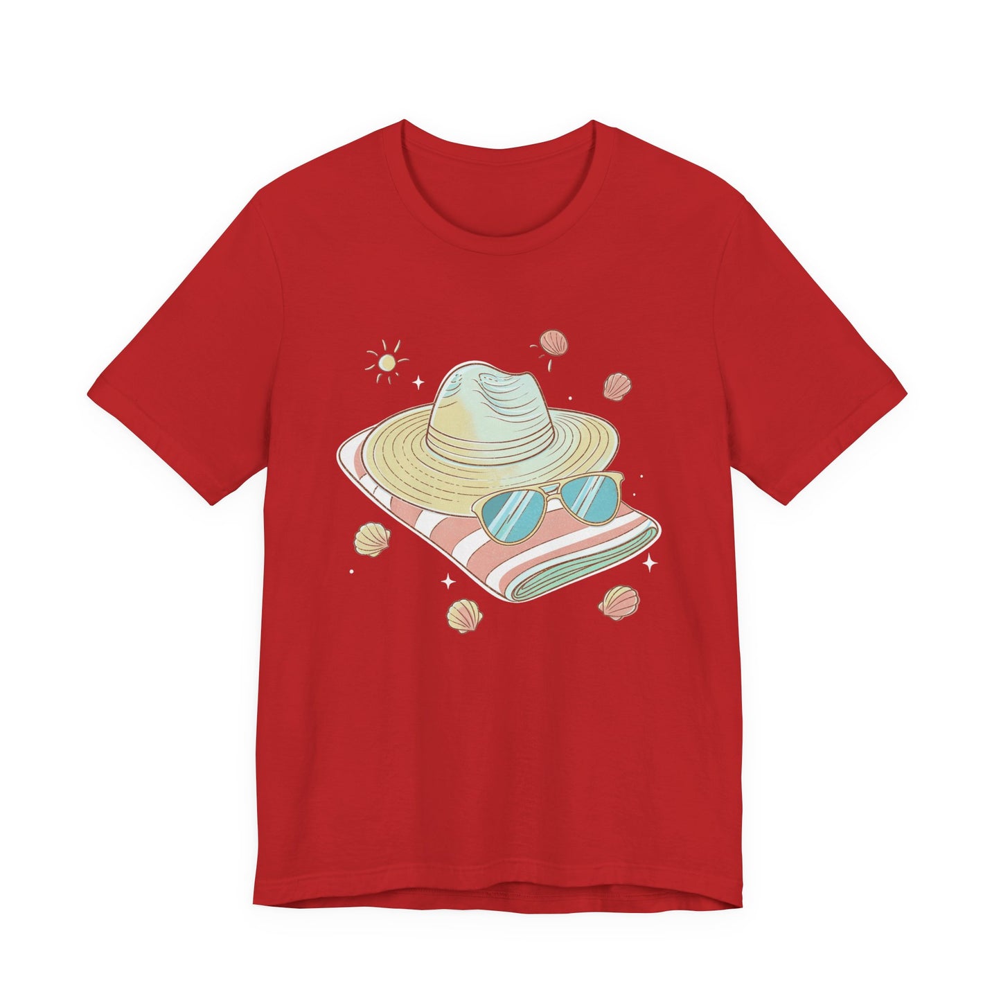 Sun Kissed & Carefree Beach Day Essentials – Towel, Sunglasses & Hat with Sun and Seashells Graphic T-Shirt