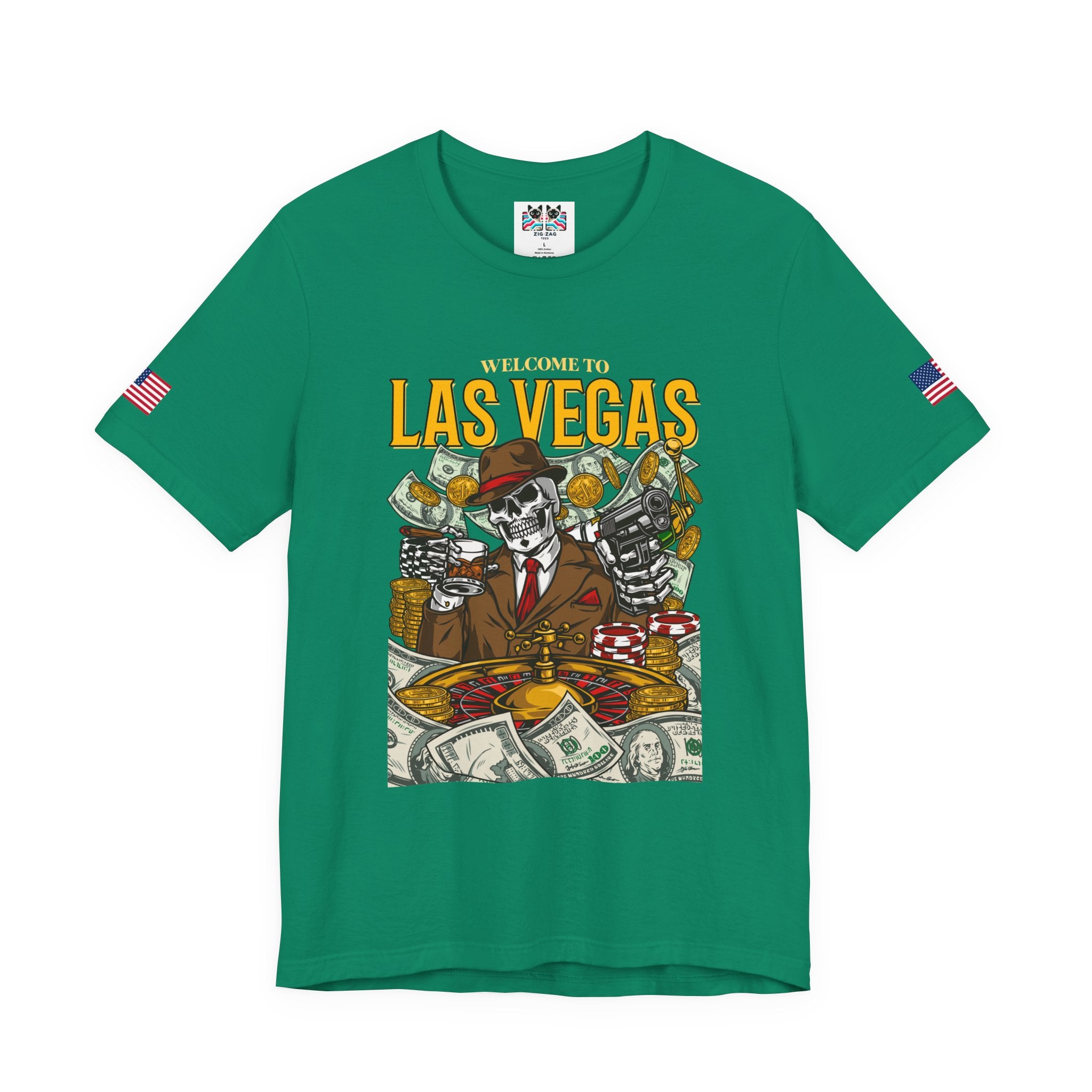 Welcome to Las Vegas Skeleton Gangster T-Shirt – Skull Casino Roulette Graphic Tee