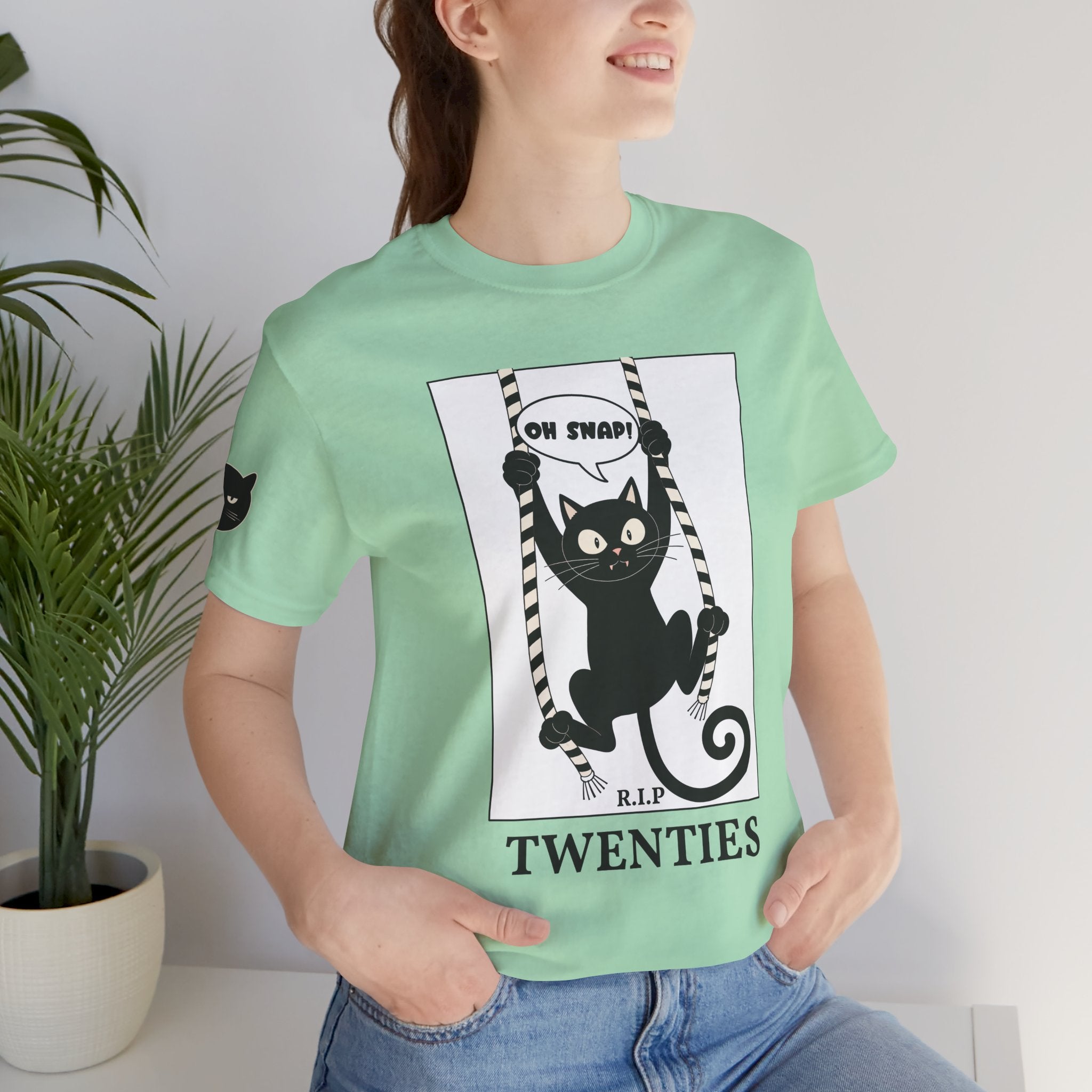 Custom T-Shirt - Oh Snap Funny Cat T-Shirt – Cat Hanging from Blinds Mischievous Kitten Humor Graphic Tee