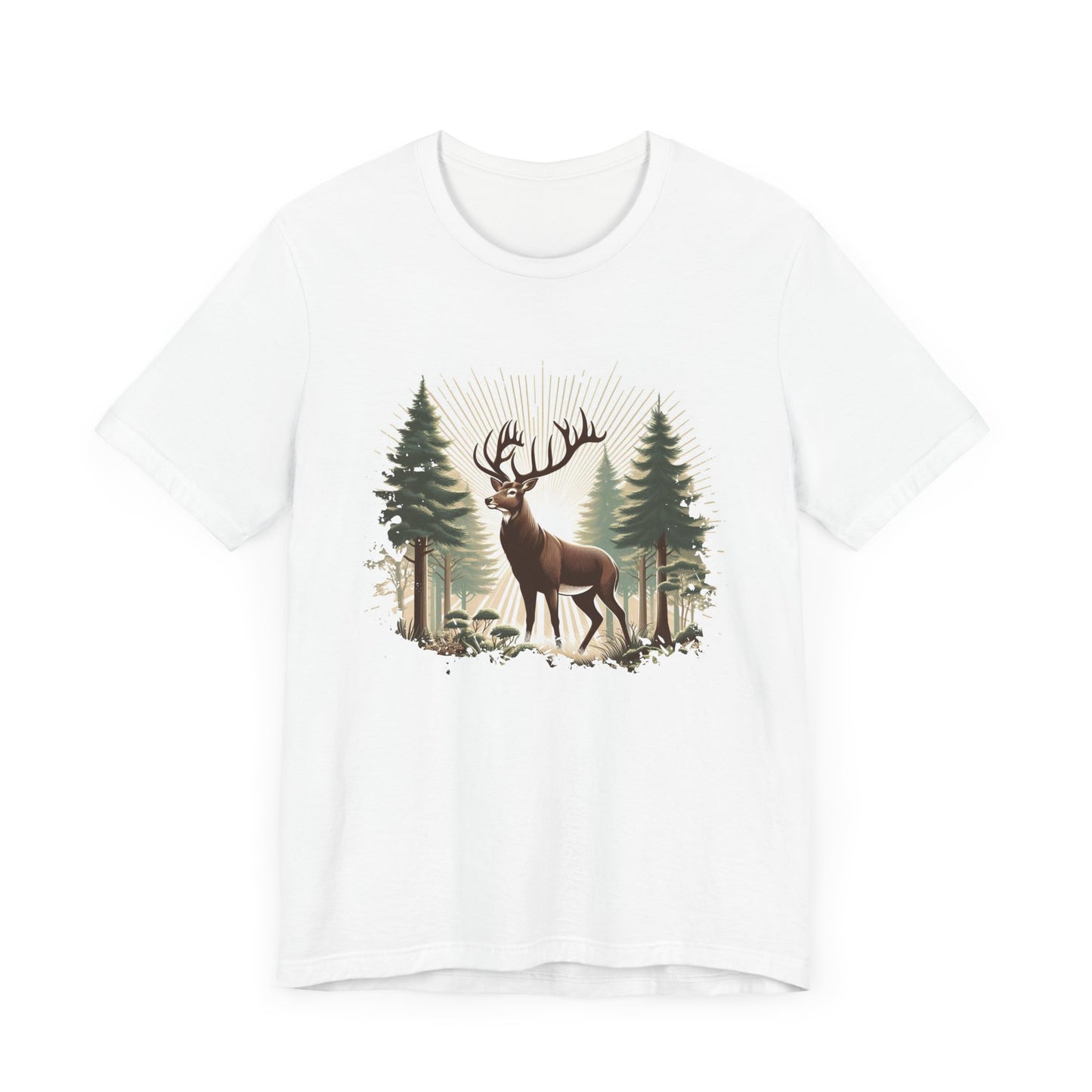 Majestic Deer with Large Antlers | Sunlight Through Foggy Forest Graphic T-Shirt