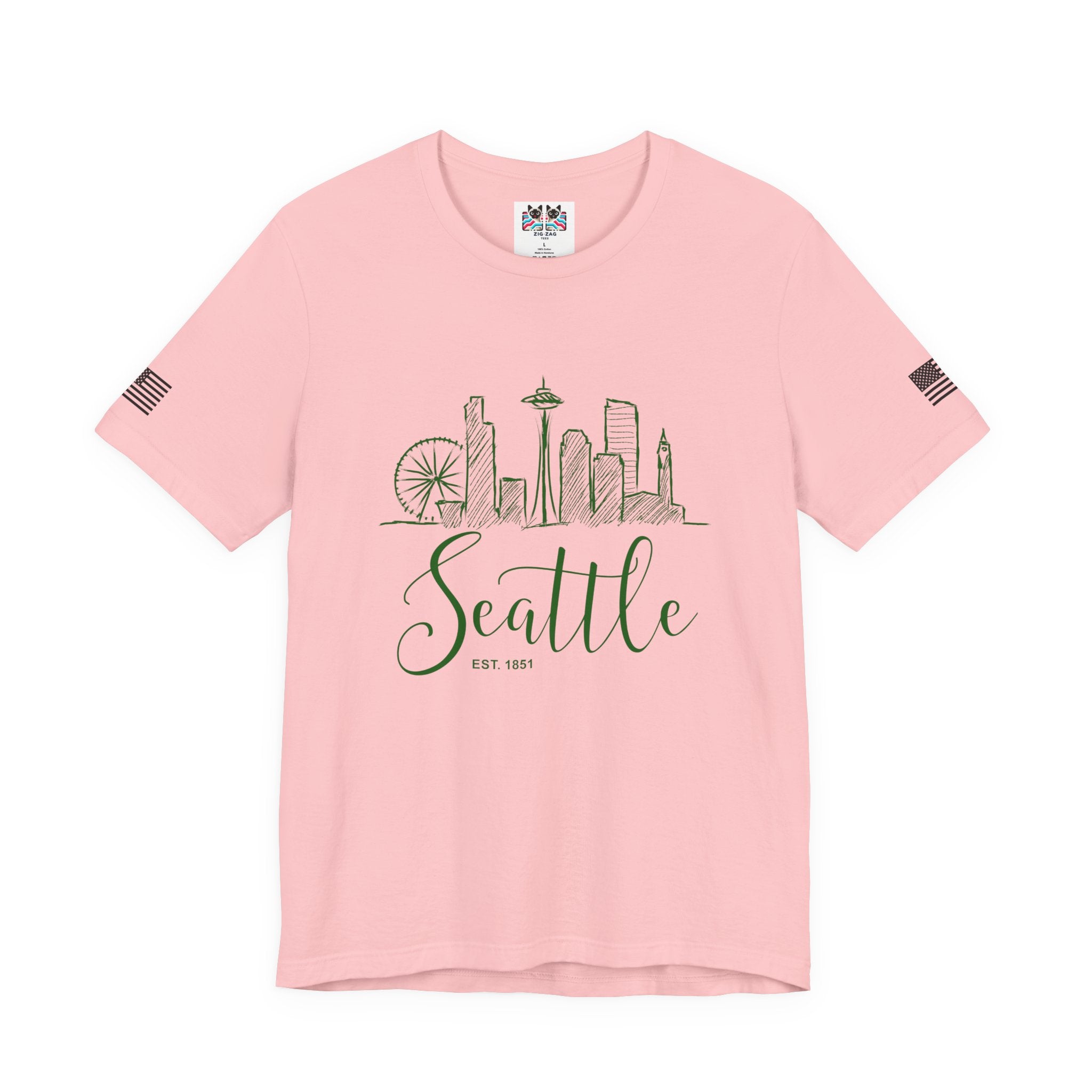 Seattle EST 1851 Hand-Drawn Sketch Skyline Script T-Shirt | Seattle Souvenir Tee | Space Needle Great Wheel Shirt