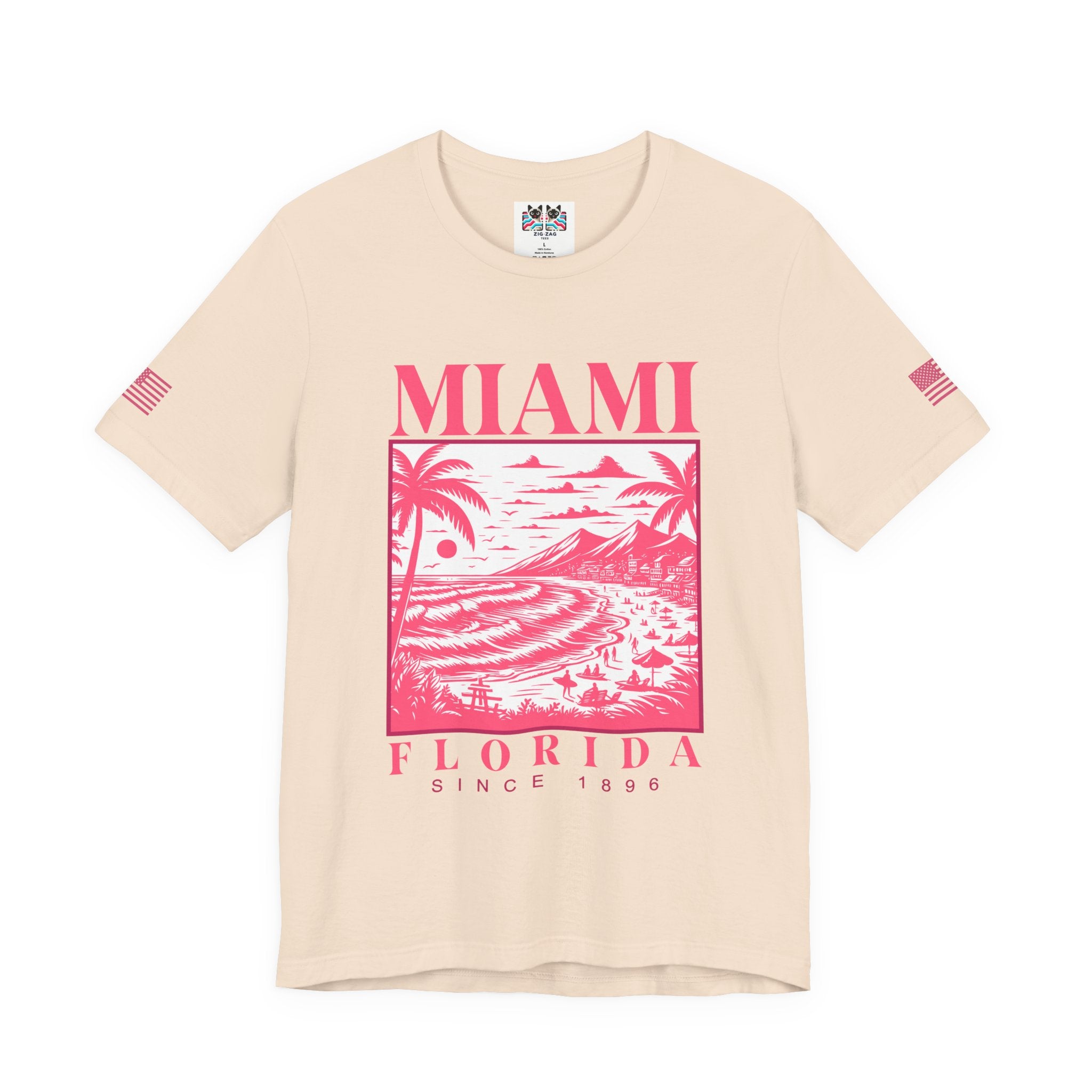 Miami Florida Since 1896 T-Shirt – Engraving Style Beach Scene Palm Tree Graphic Tee