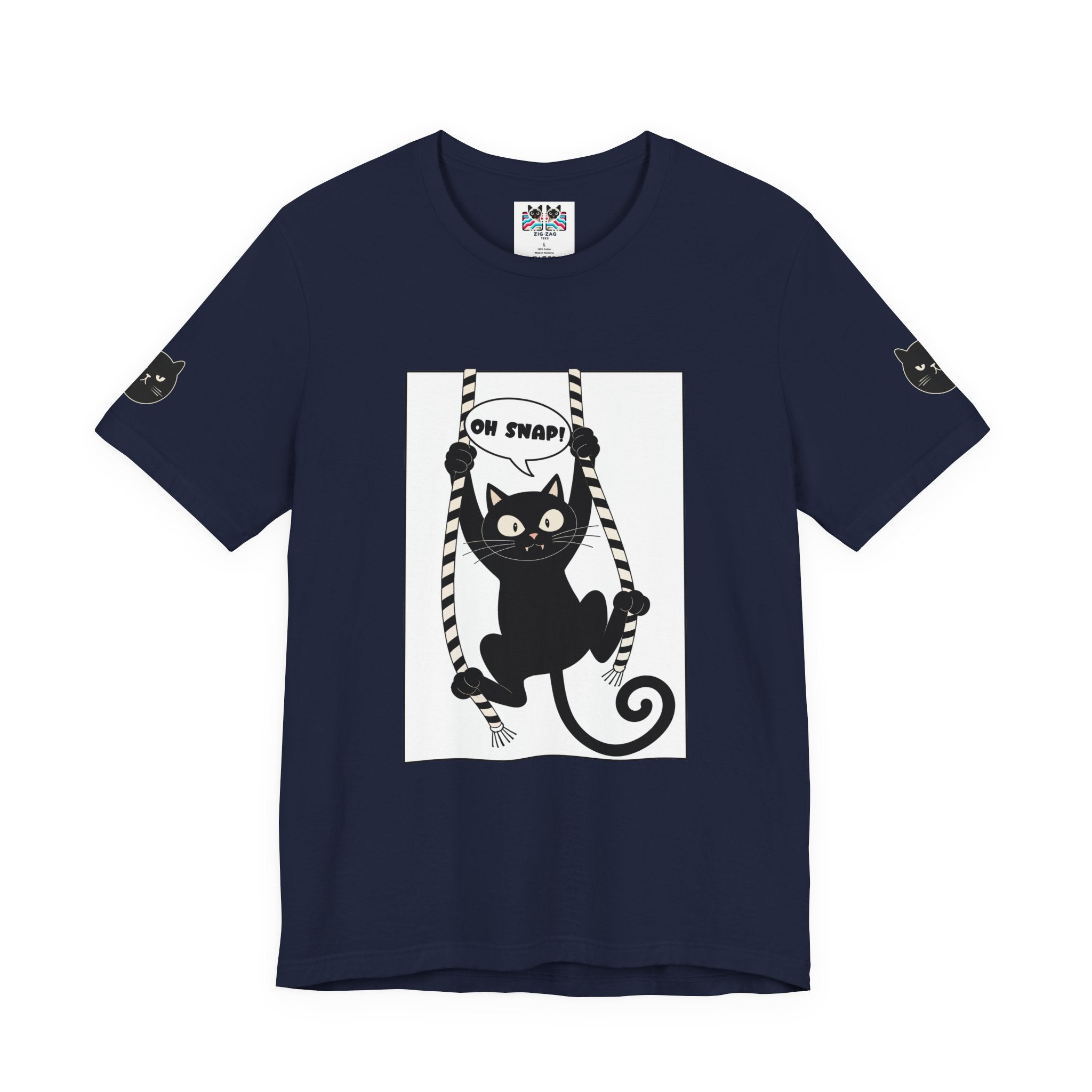 Oh Snap Funny Cat T-Shirt – Cat Hanging from Blinds Mischievous Kitten Humor Graphic Tee