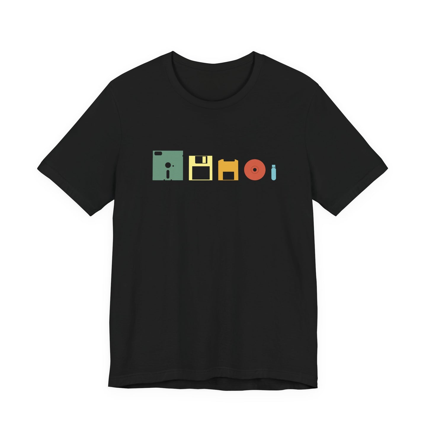 Data Storage Evolution Tshirt – Floppy Disk to CD to Thumb Drive