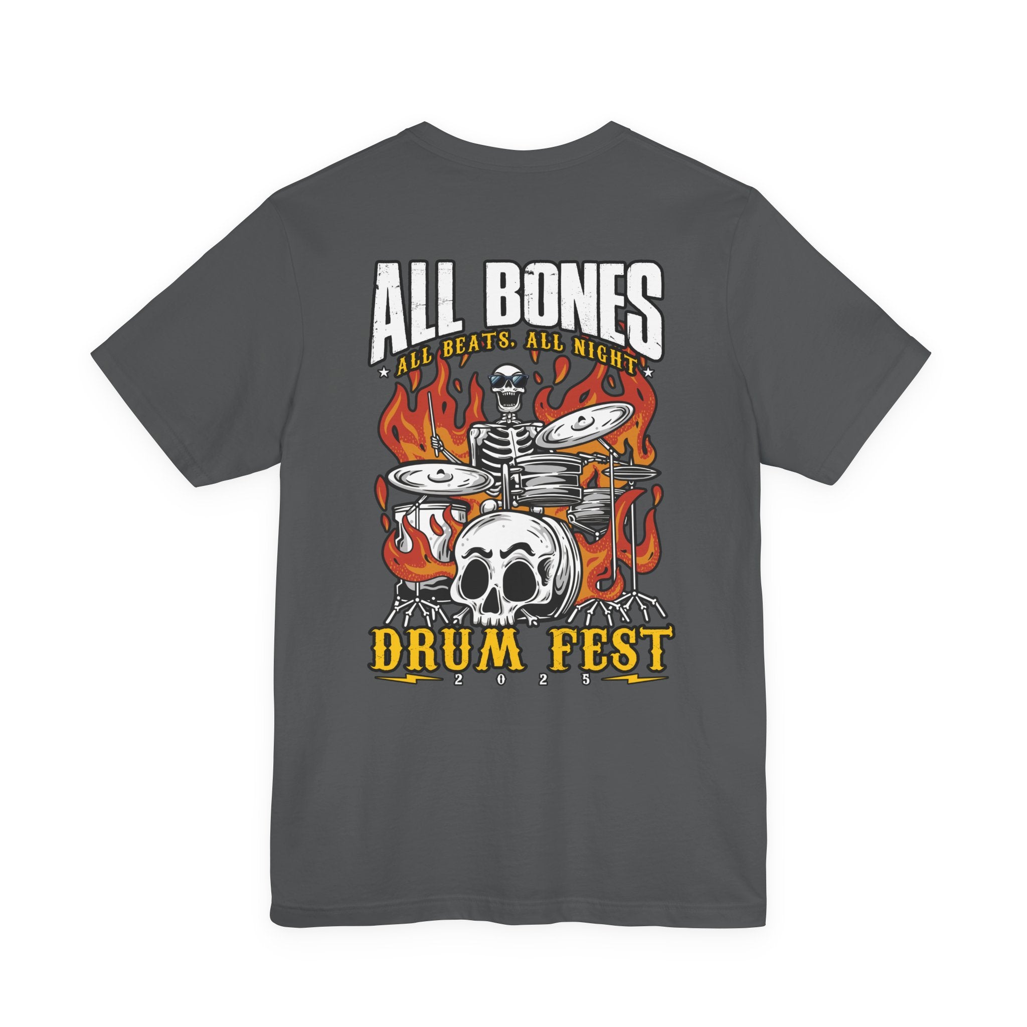 All Bones Drum Fest 2025 T-Shirt – Skeleton Drummer Fiery Rock Design