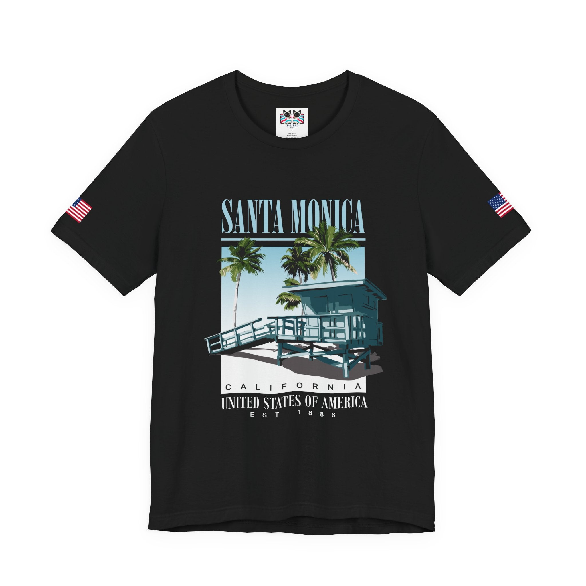Santa Monica California EST 1886 T-Shirt – Lifeguard Tower Palm Tree Beach Tee