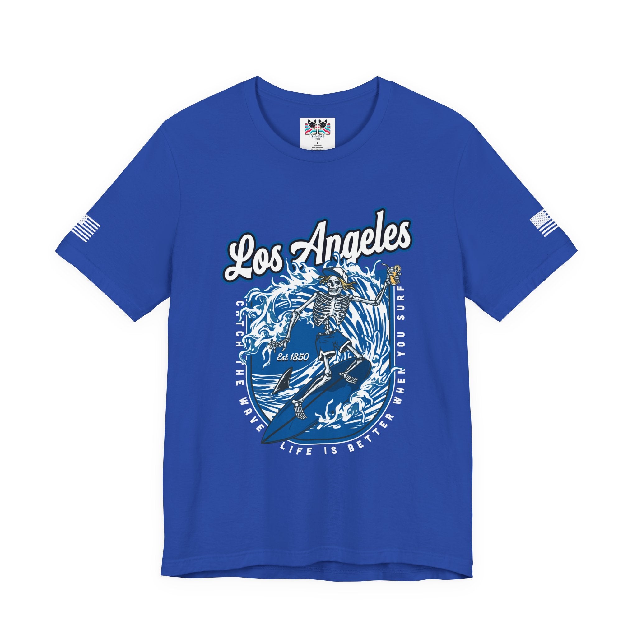 Los Angeles Skeleton Surfer T-Shirt – Life Is Better When You Surf CA EST 1850 Tee