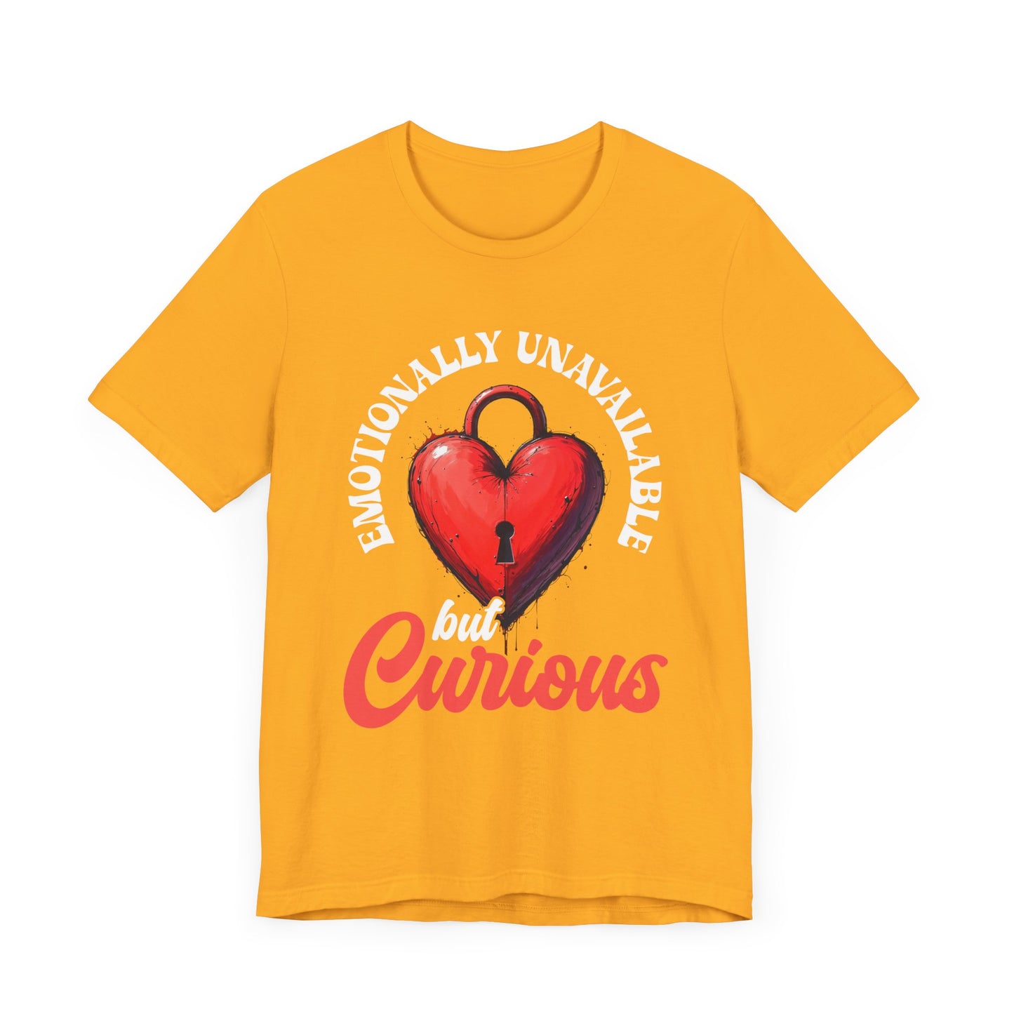Emotionally Unavailable But Curious – Red Heart Lock Graphic T-Shirt