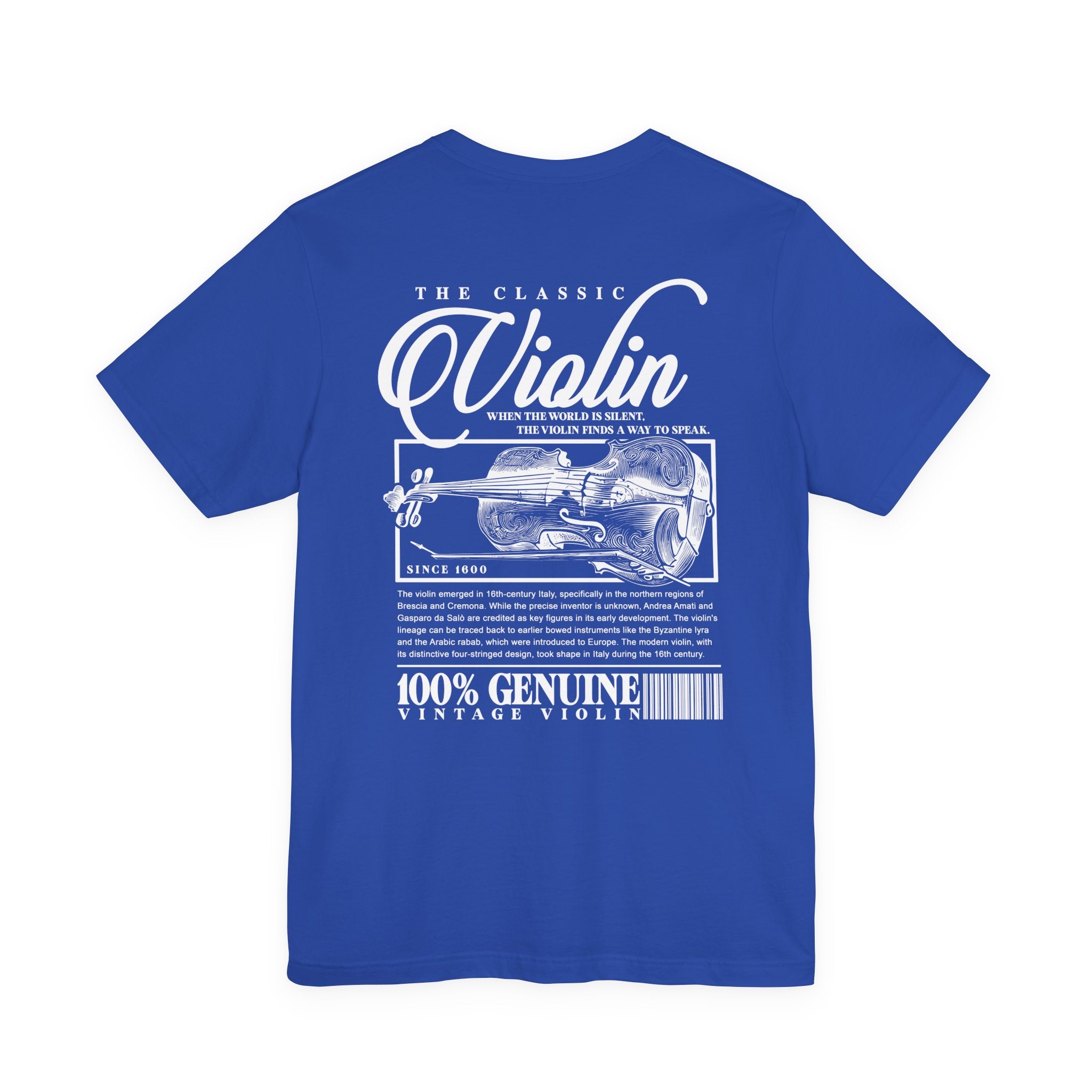 The Classic Violin T-Shirt – Vintage Instrument & 16th Century Story [White Text]