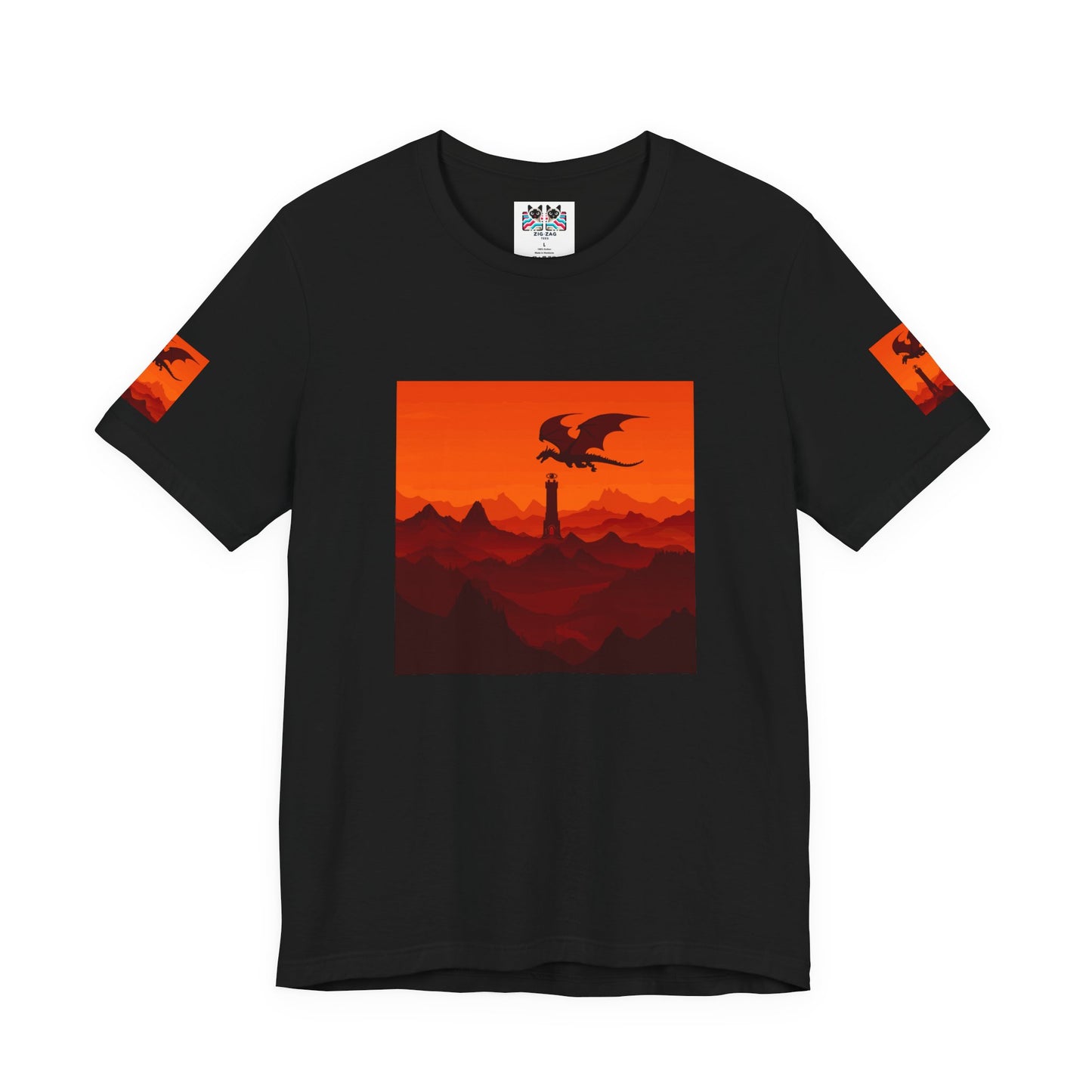 Dragon Sunset T-Shirt – Silhouette Flying Dragon Mountain Landscape Fantasy Graphic Tee
