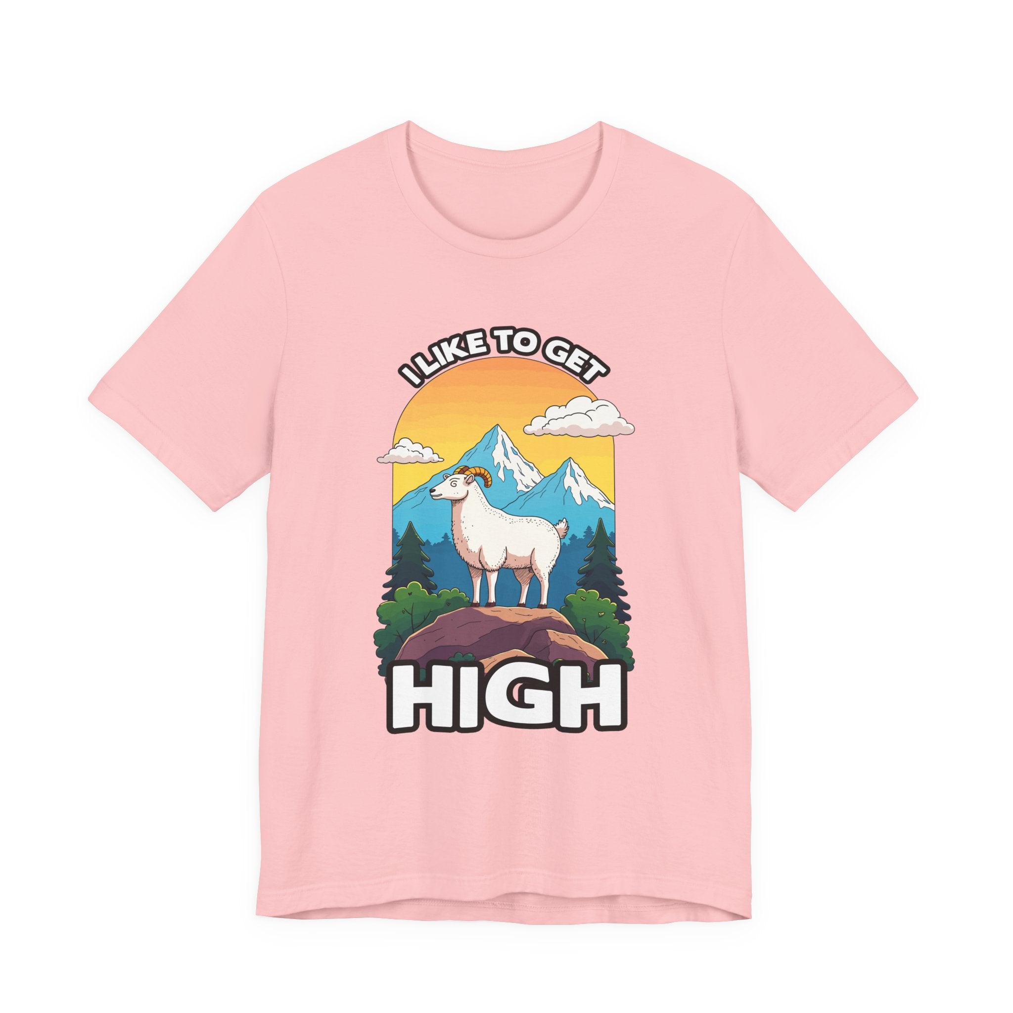 I Like to Get High Tshirt – Mountain Goat Standing on High Rock with Mountain Scenery