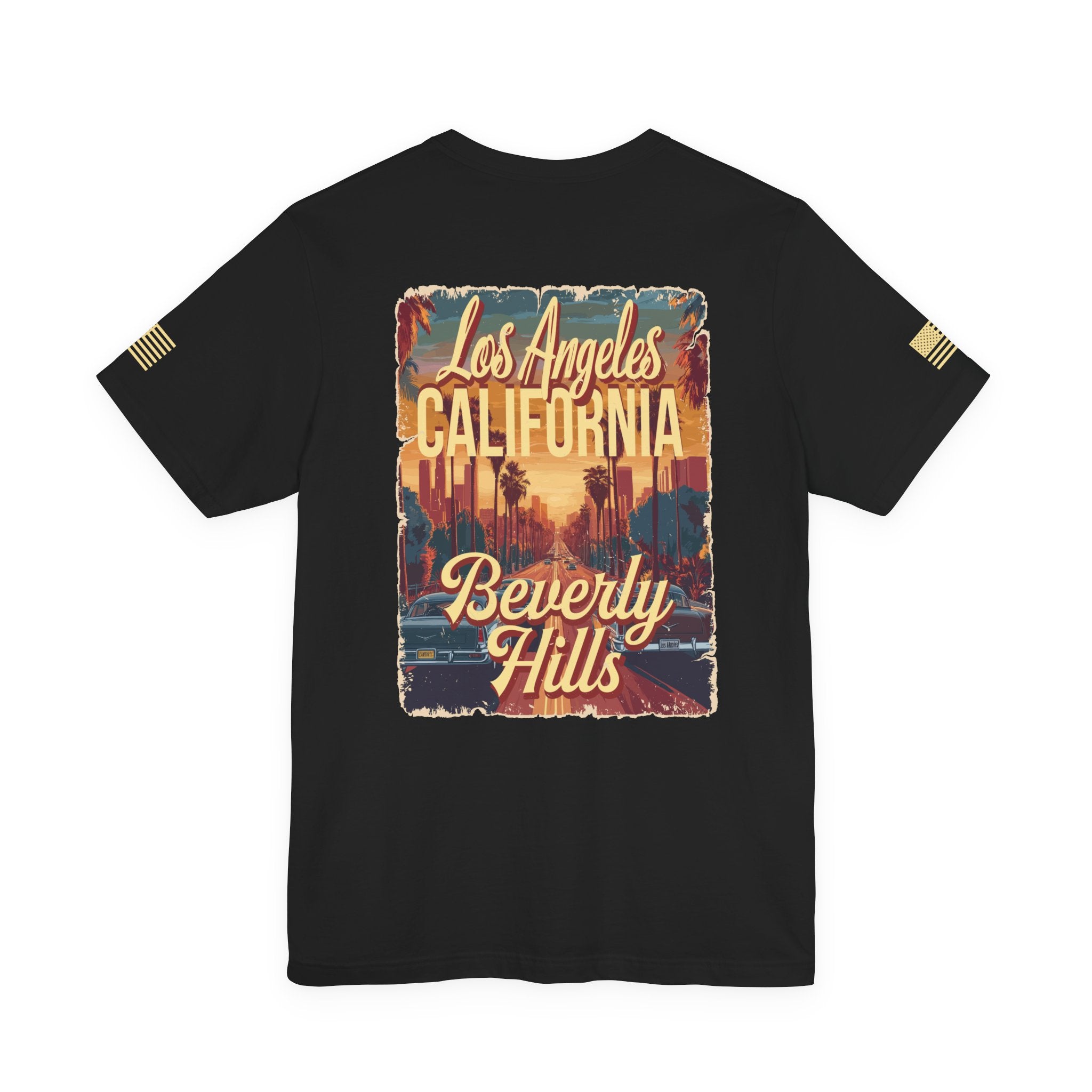 Beverly Hills Los Angeles California Front & Back T-Shirt – Vintage Classic Car Street Scene Tee