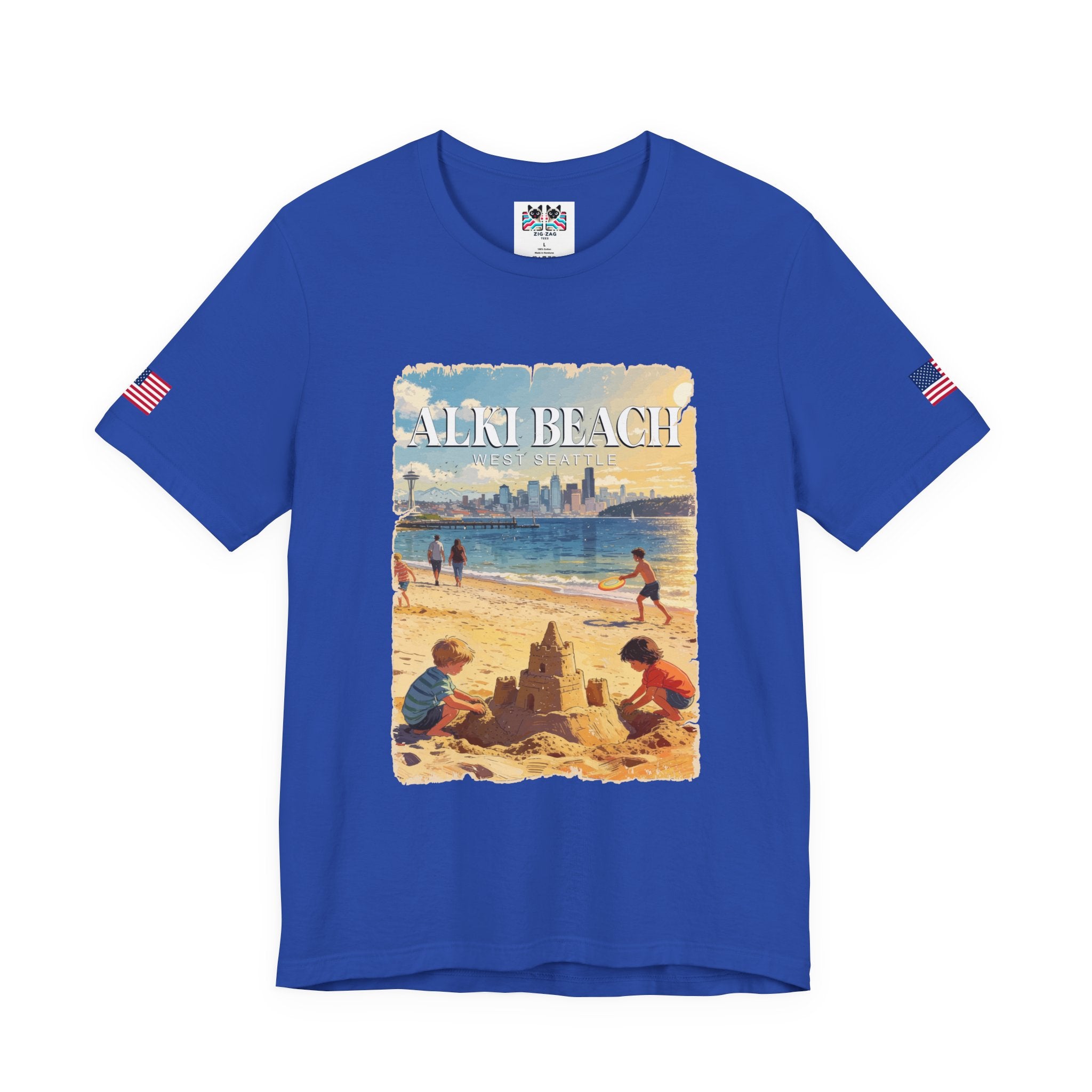 Alki Beach West Seattle Vintage Travel Poster Graphic T-Shirt | West Seattle Souvenir Tee | Puget Sound Beach Shirt