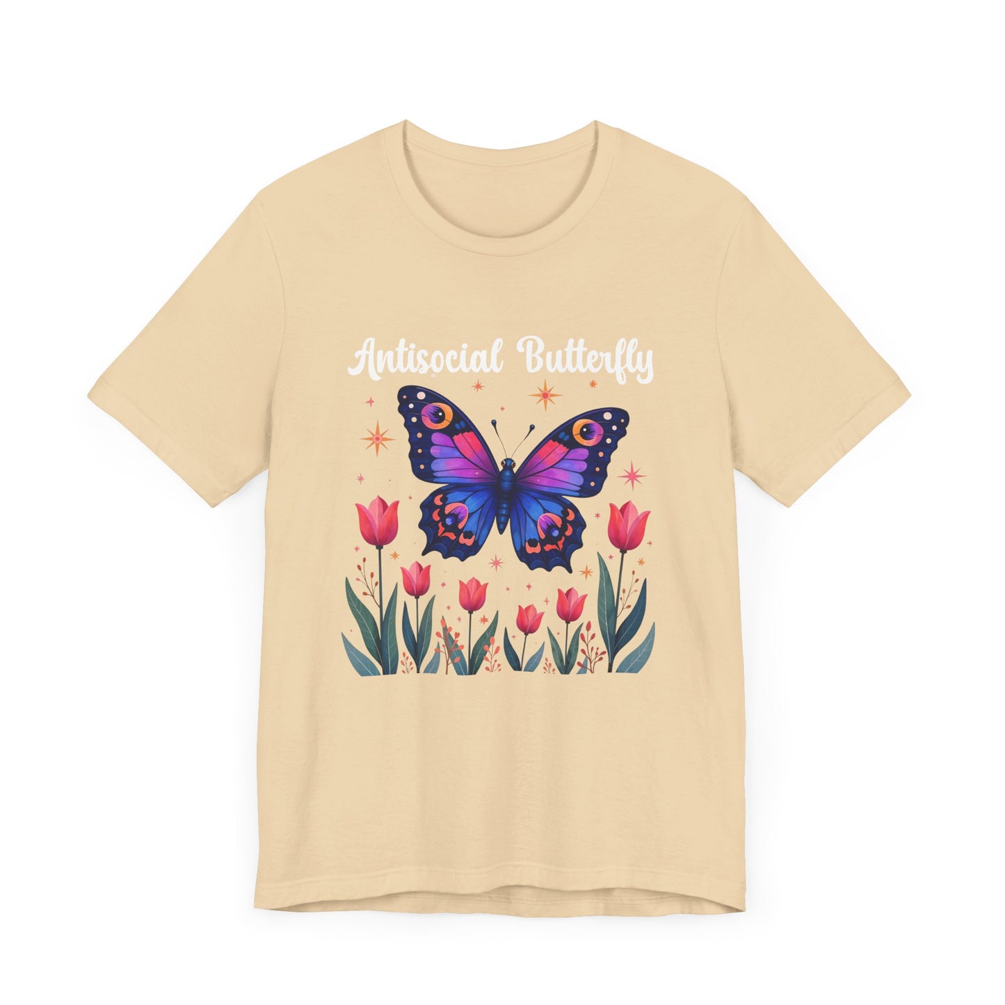 Antisocial Butterfly – Large Butterfly Above Flower Plants Graphic T-Shirt