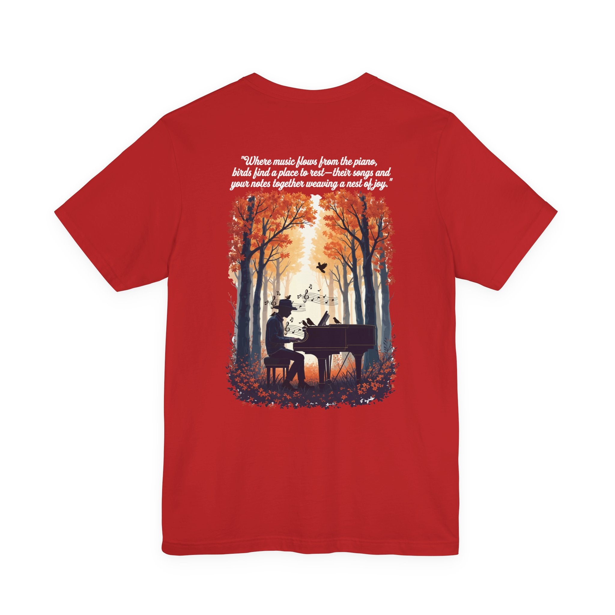 Music & Nature Harmony T-Shirt – Grand Piano in Autumn Forest Scene [White Text]