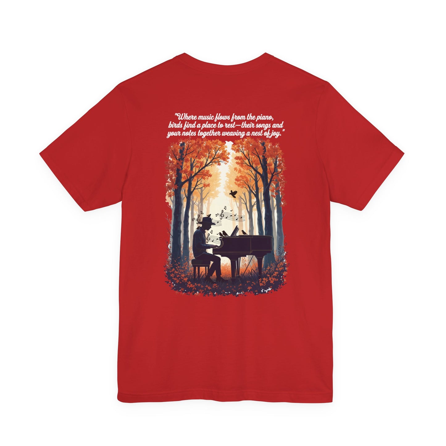 Music & Nature Harmony T-Shirt – Grand Piano in Autumn Forest Scene [White Text]