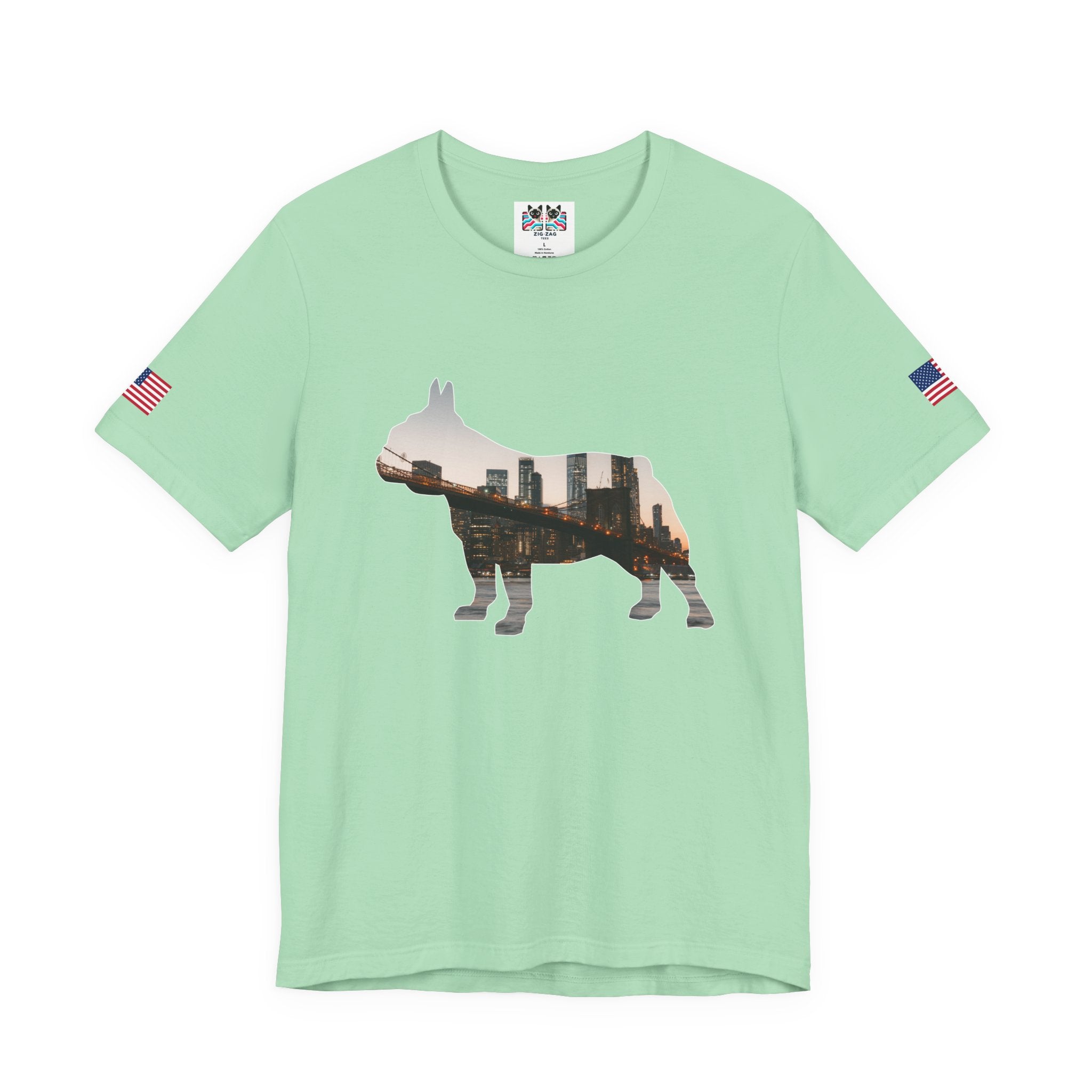 NYC Dog Silhouette T-Shirt - New York City Skyline in French Bulldog Shape Brooklyn Bridge