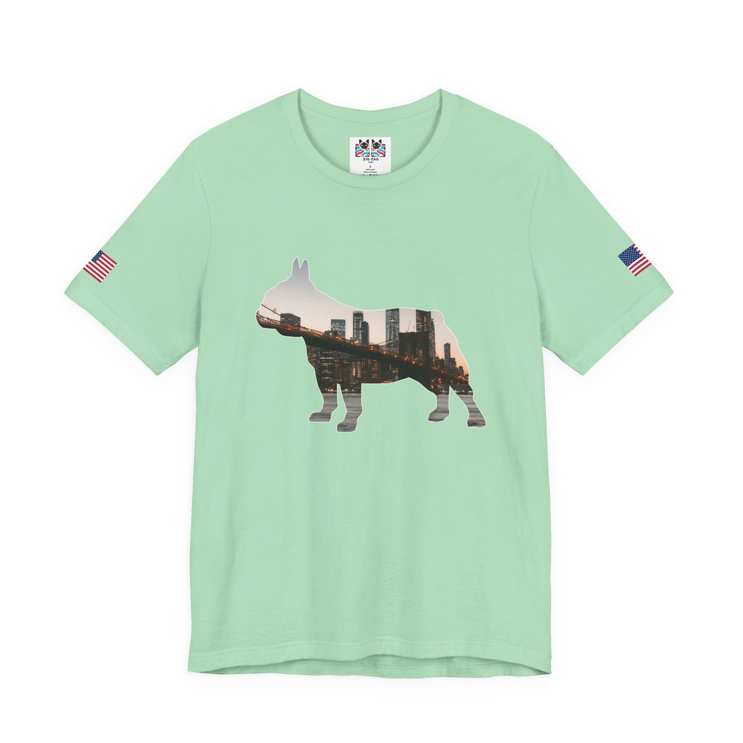 NYC Dog Silhouette T-Shirt - New York City Skyline in French Bulldog Shape Brooklyn Bridge