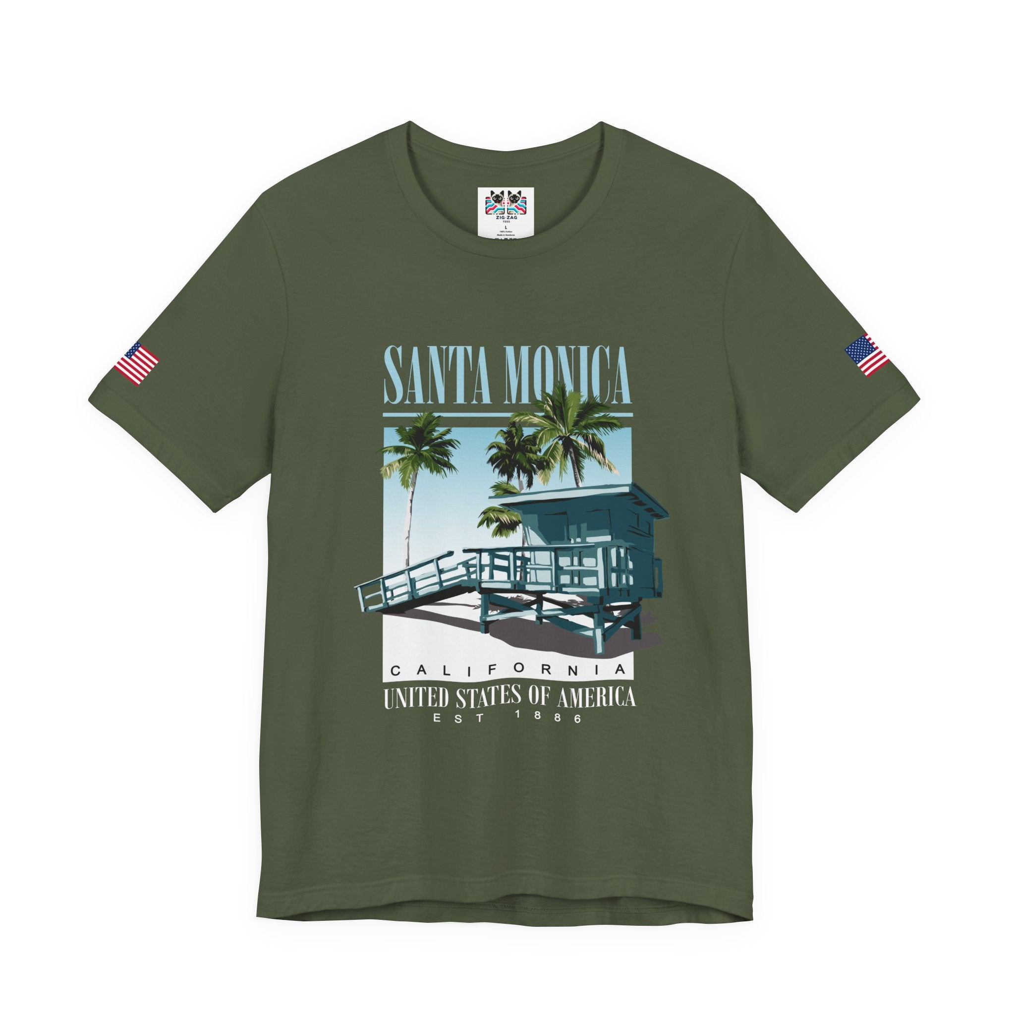 Santa Monica California EST 1886 T-Shirt – Lifeguard Tower Palm Tree Beach Tee