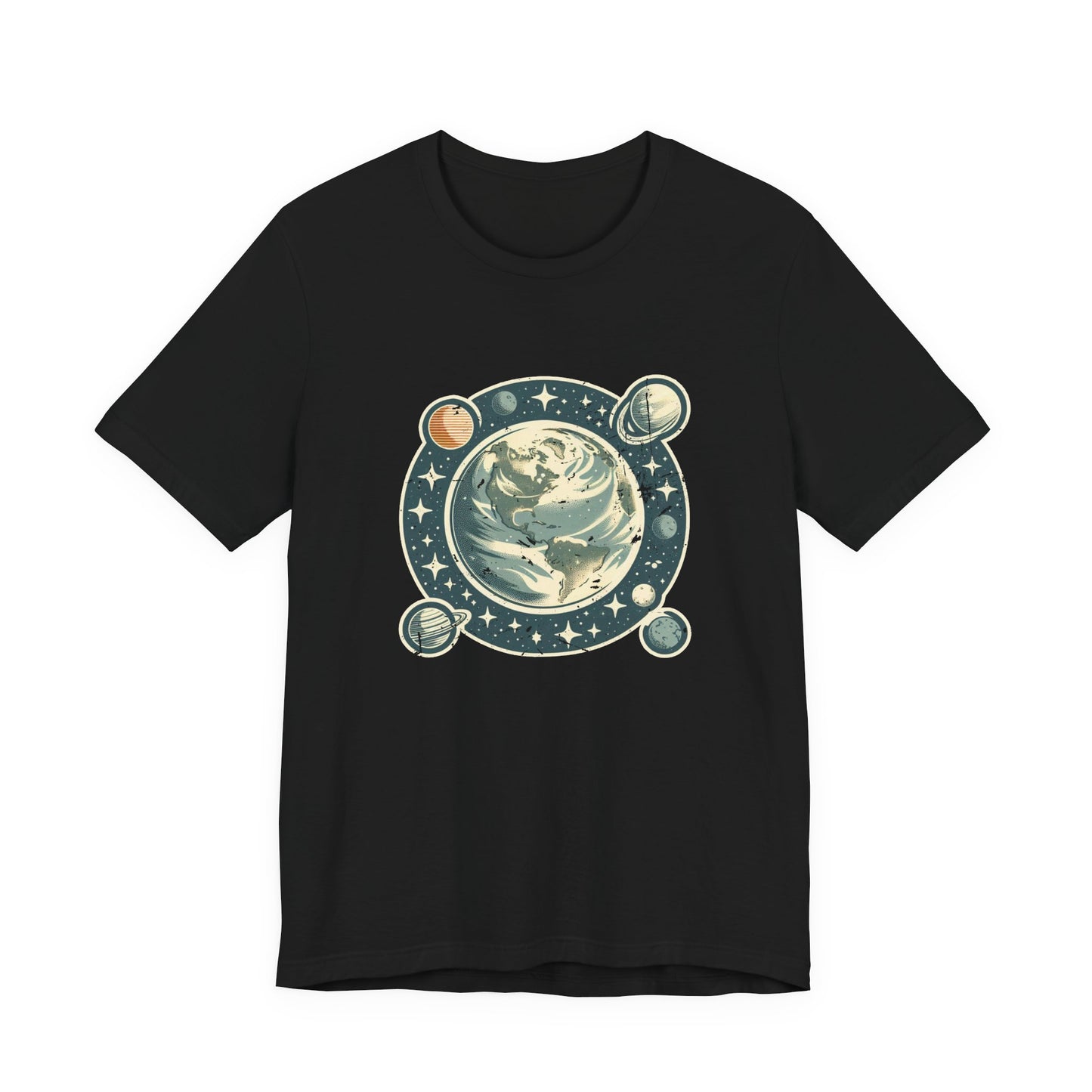 Earth Was Cool Tshirt – Gray Earth with Circular Planets and Stars Design