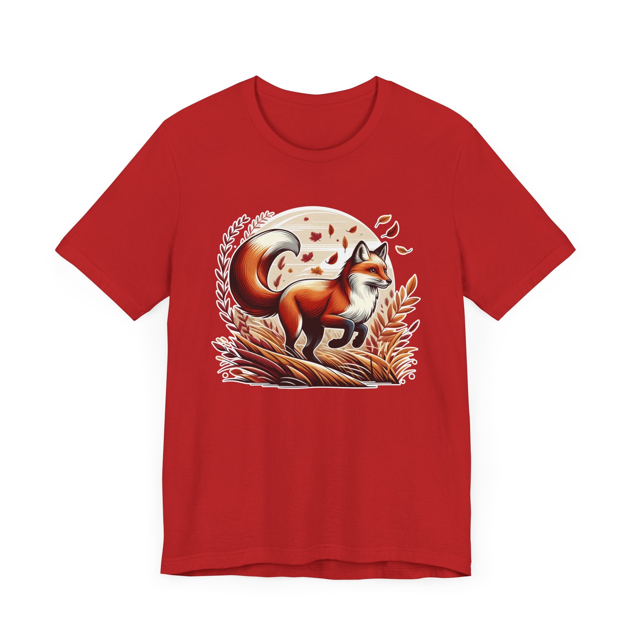 Grace and Agility - Elegant Fox Leaping in Grain Field with Flying Leaves Graphic T-Shirt