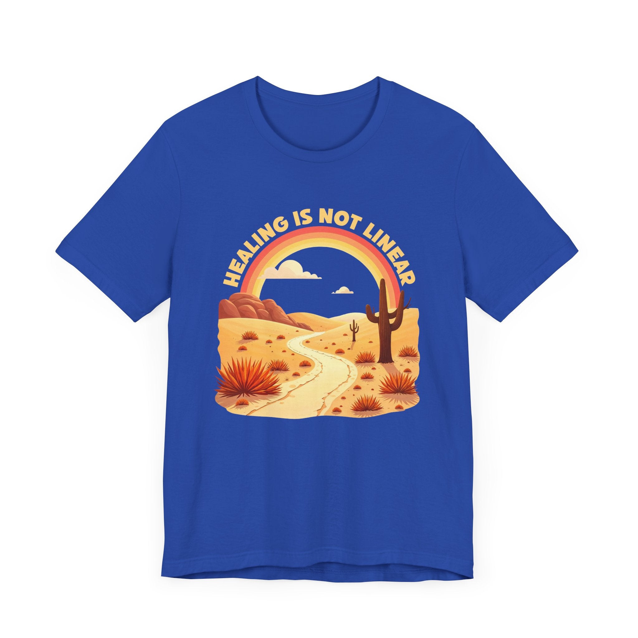 Healing Is Not Linear – Warm Desert Rainbow & Winding Road Graphic T-Shirt