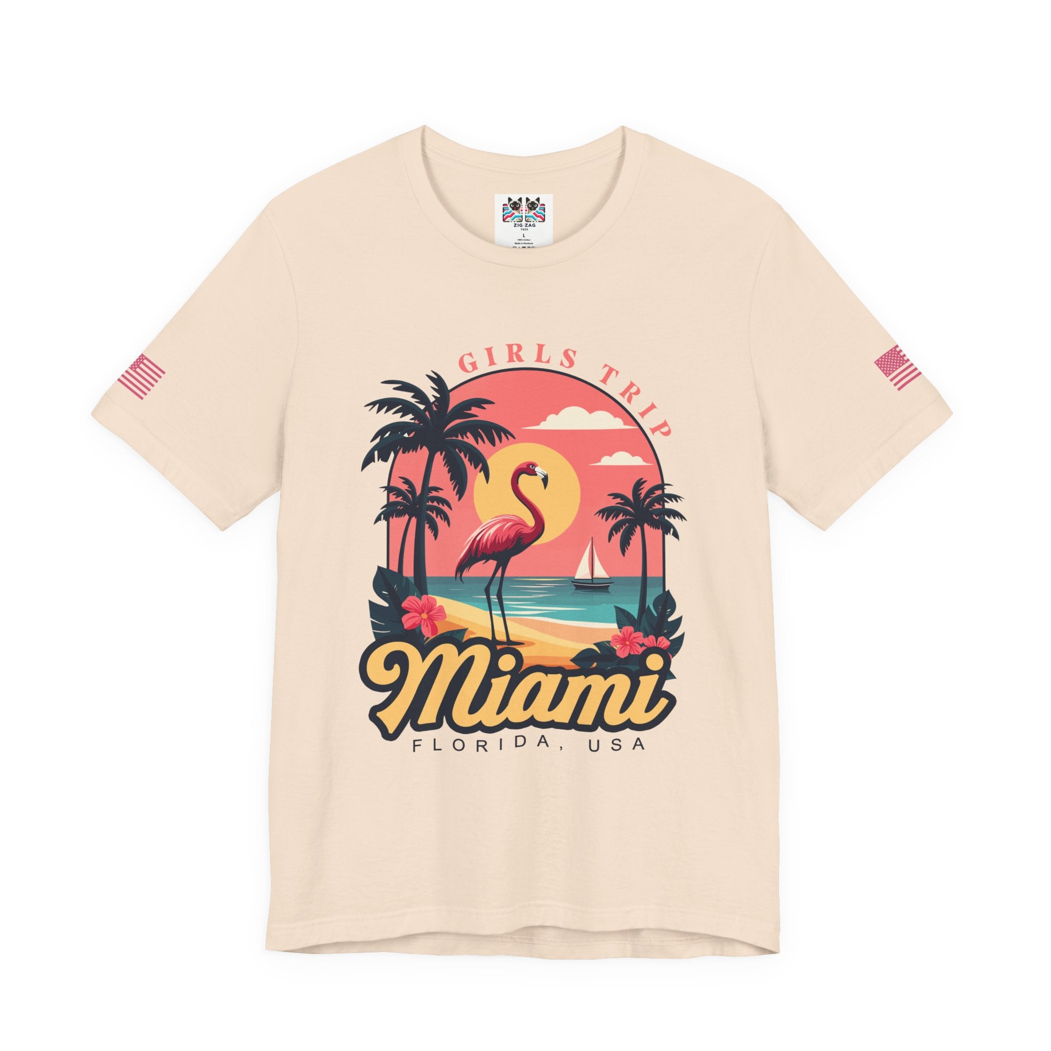Miami Girls Trip Florida USA T-Shirt – Flamingo Sunset Palm Tree Beach Graphic Tee