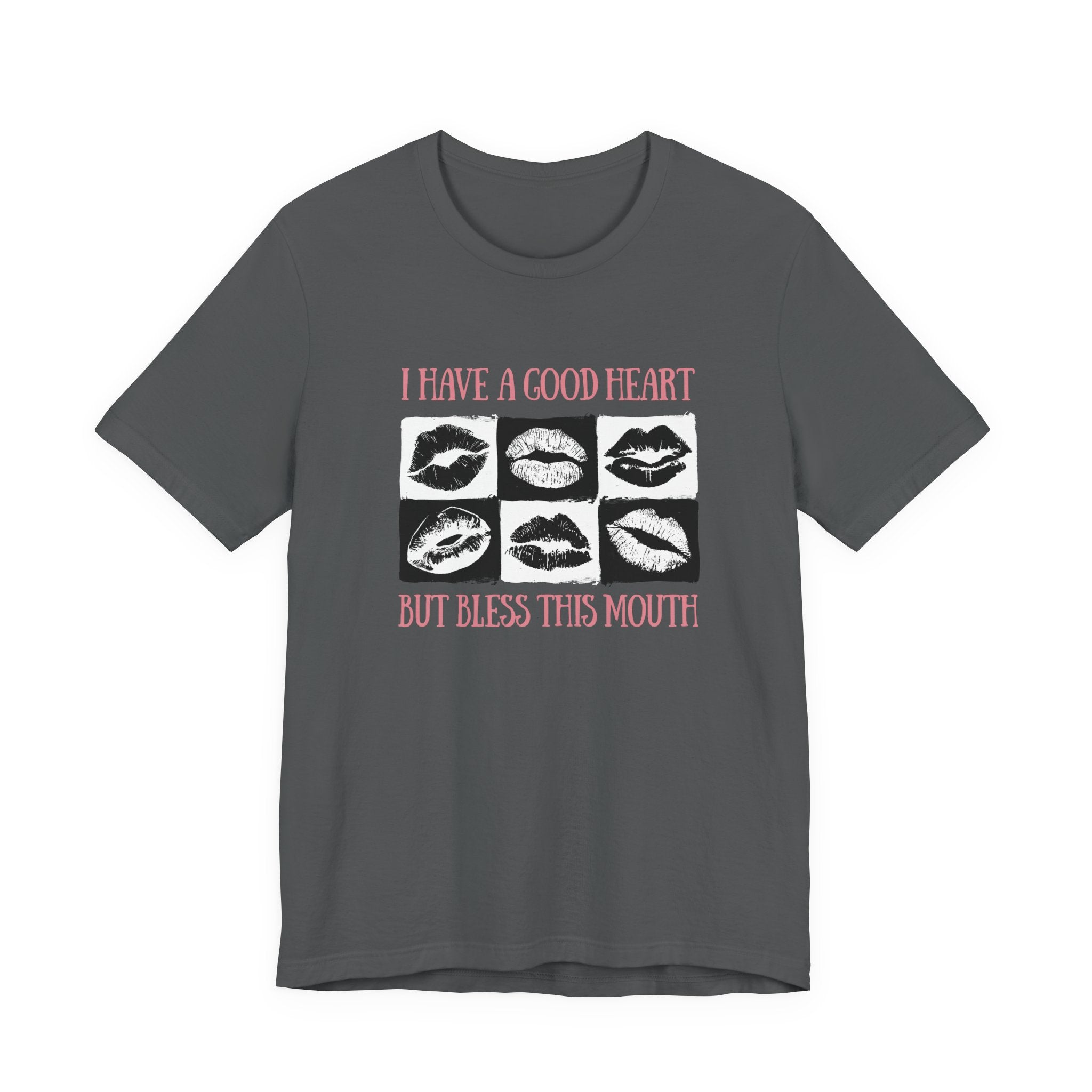 I Have a Good Heart But Bless This Mouth T Shirt – Six Black & White Lip Print