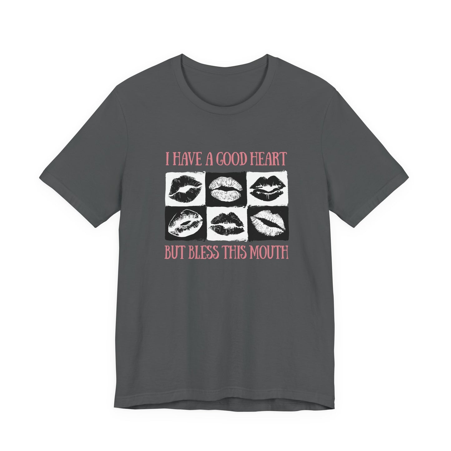 I Have a Good Heart But Bless This Mouth T Shirt – Six Black & White Lip Print