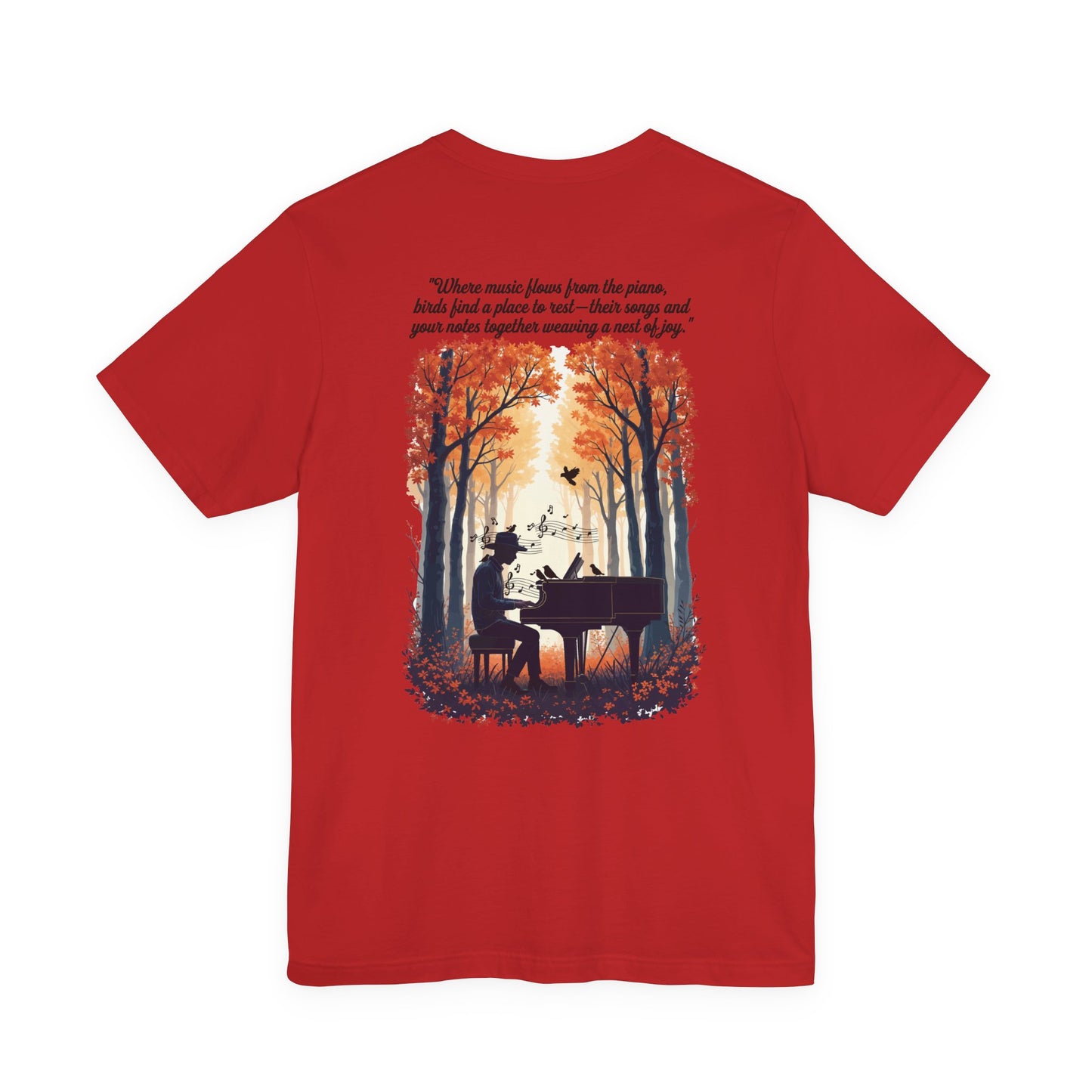 Music & Nature Harmony T-Shirt – Grand Piano in Autumn Forest Scene [Black Text]