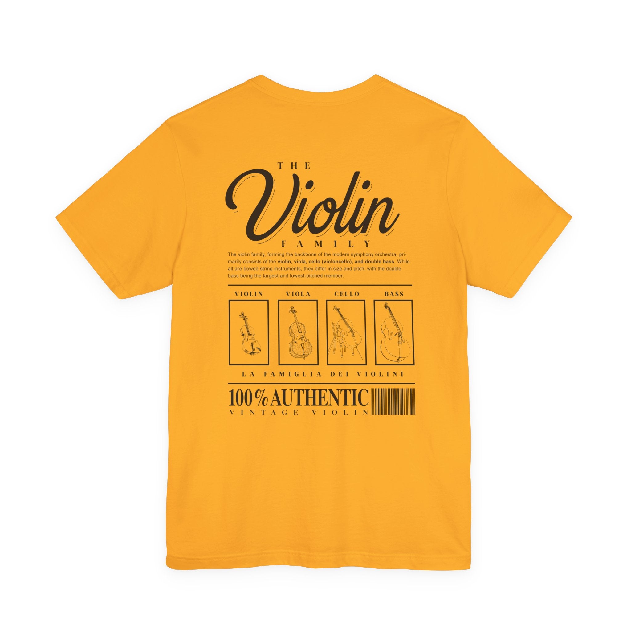 The Violin Family T-Shirt – Illustrated Guide to String Instrument Lineage [Violin, Viola, Cello, Bass]