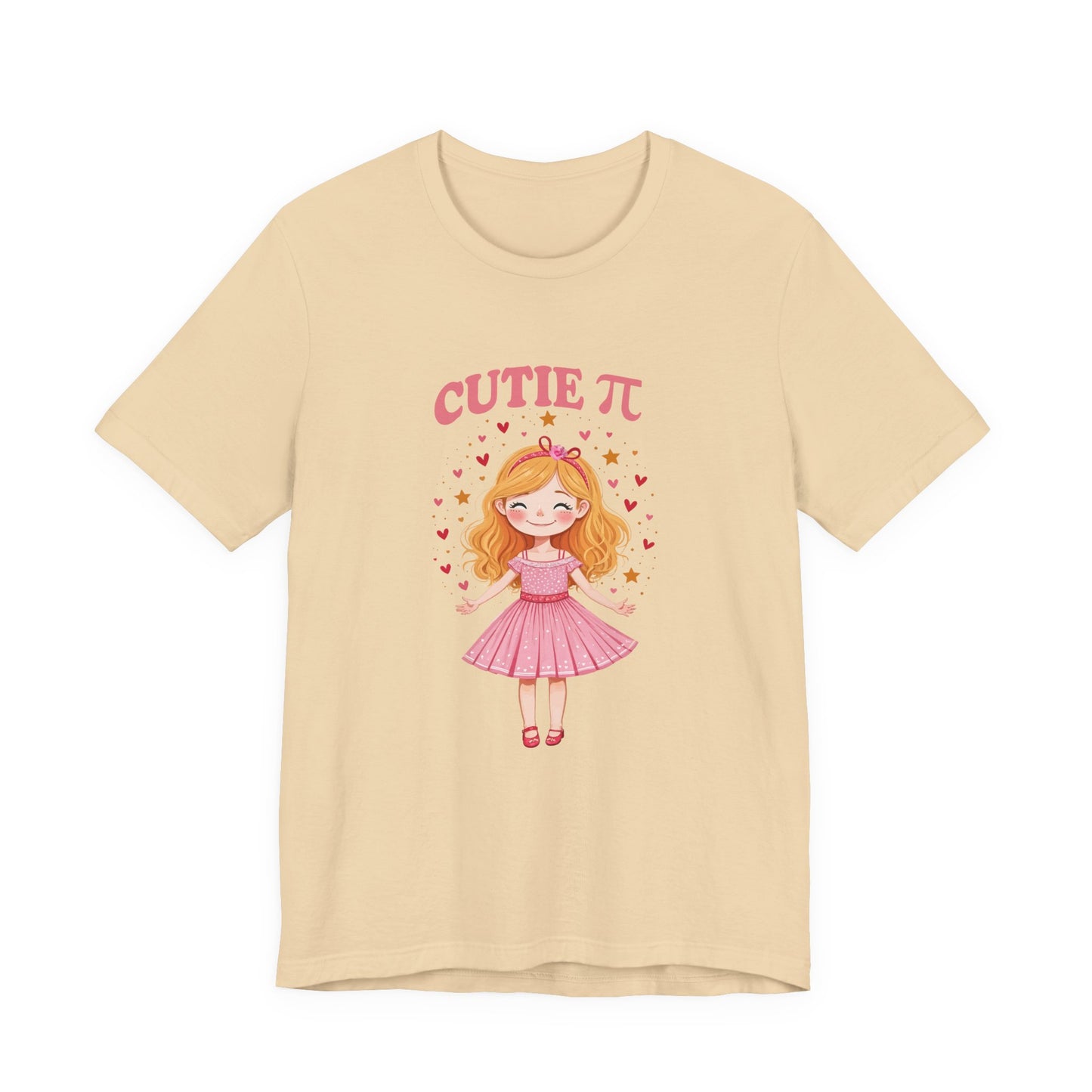 Cutie Pi Tshirt – Happy Girl with Pi Symbol, Hearts, and Stars Graphic