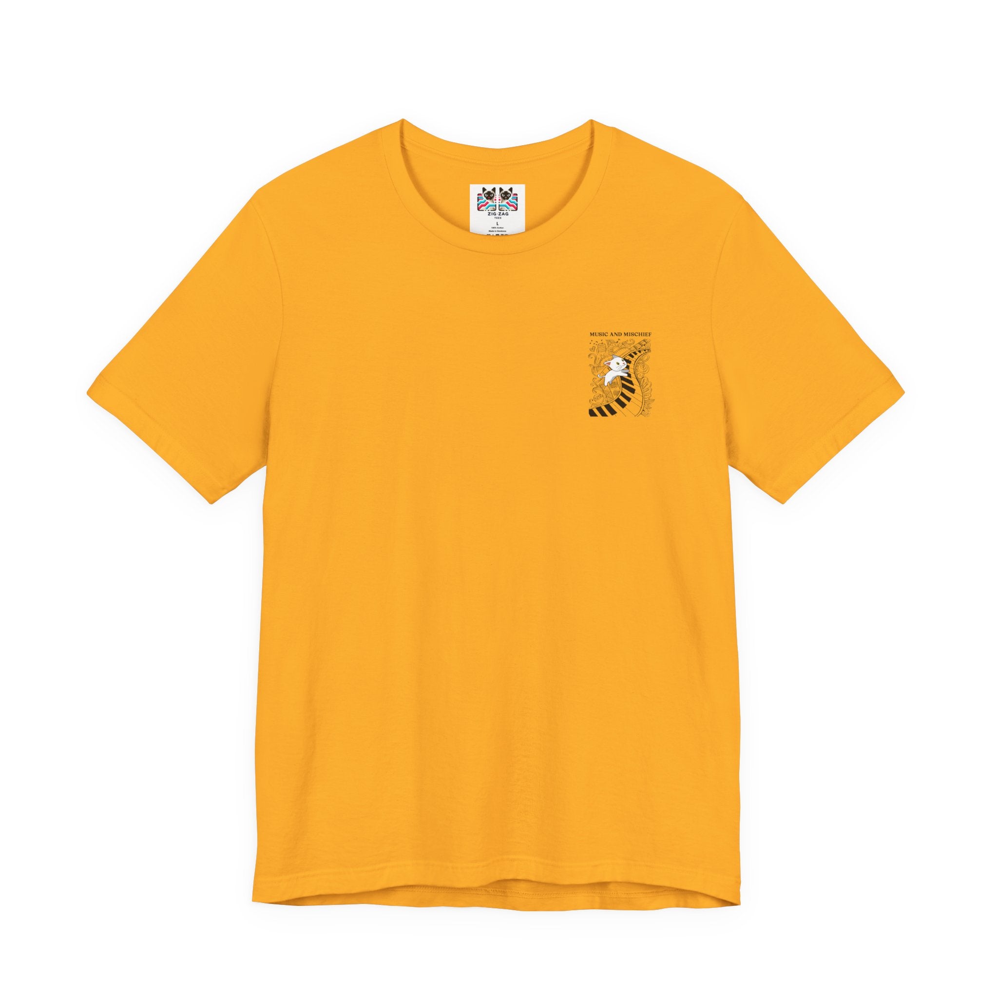 Music and Mischief T-Shirt – Piano and Playful Cat Graphic